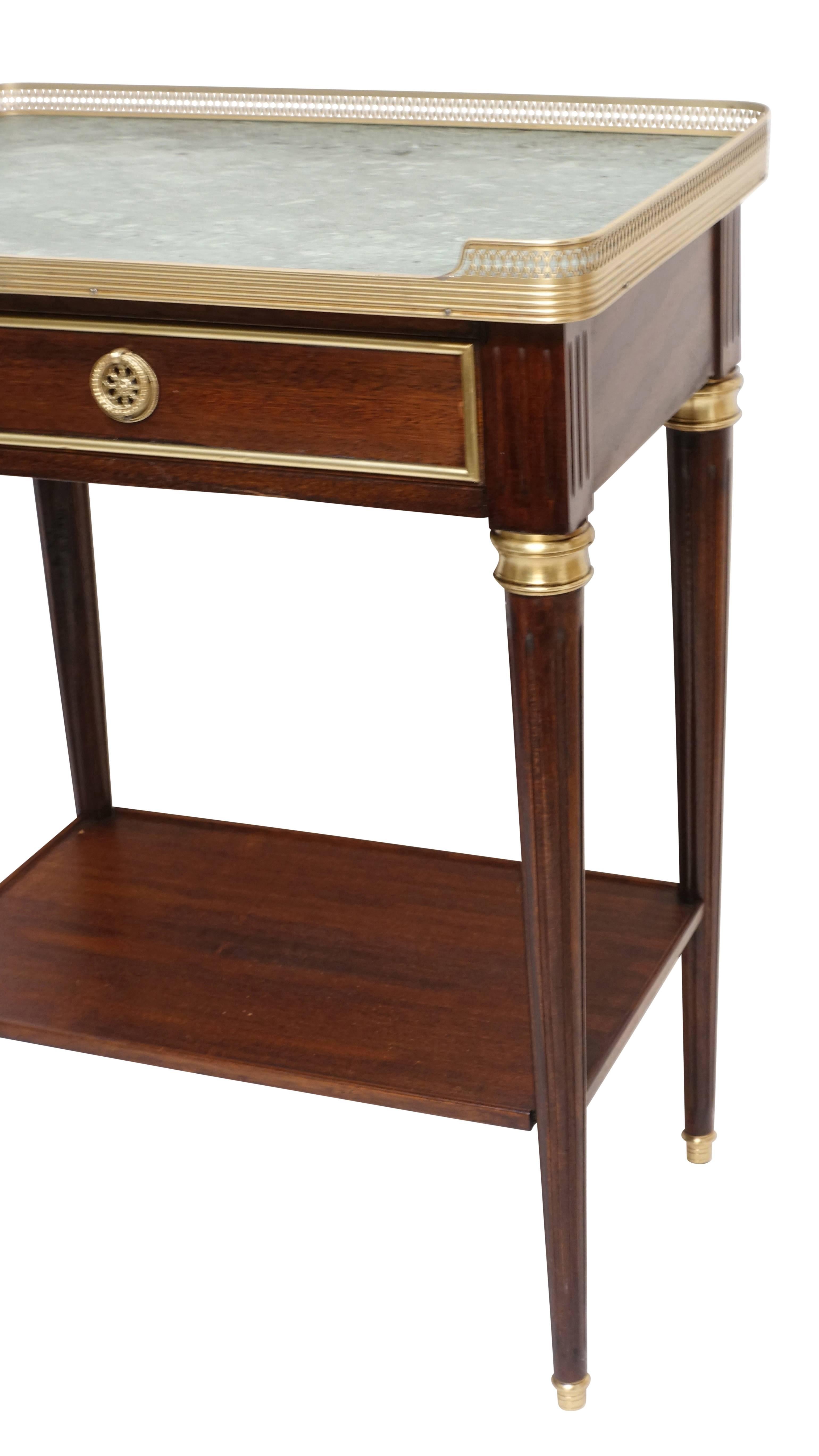 French Louis XVI Style Mahogany Side Table with Green Marble Top  1