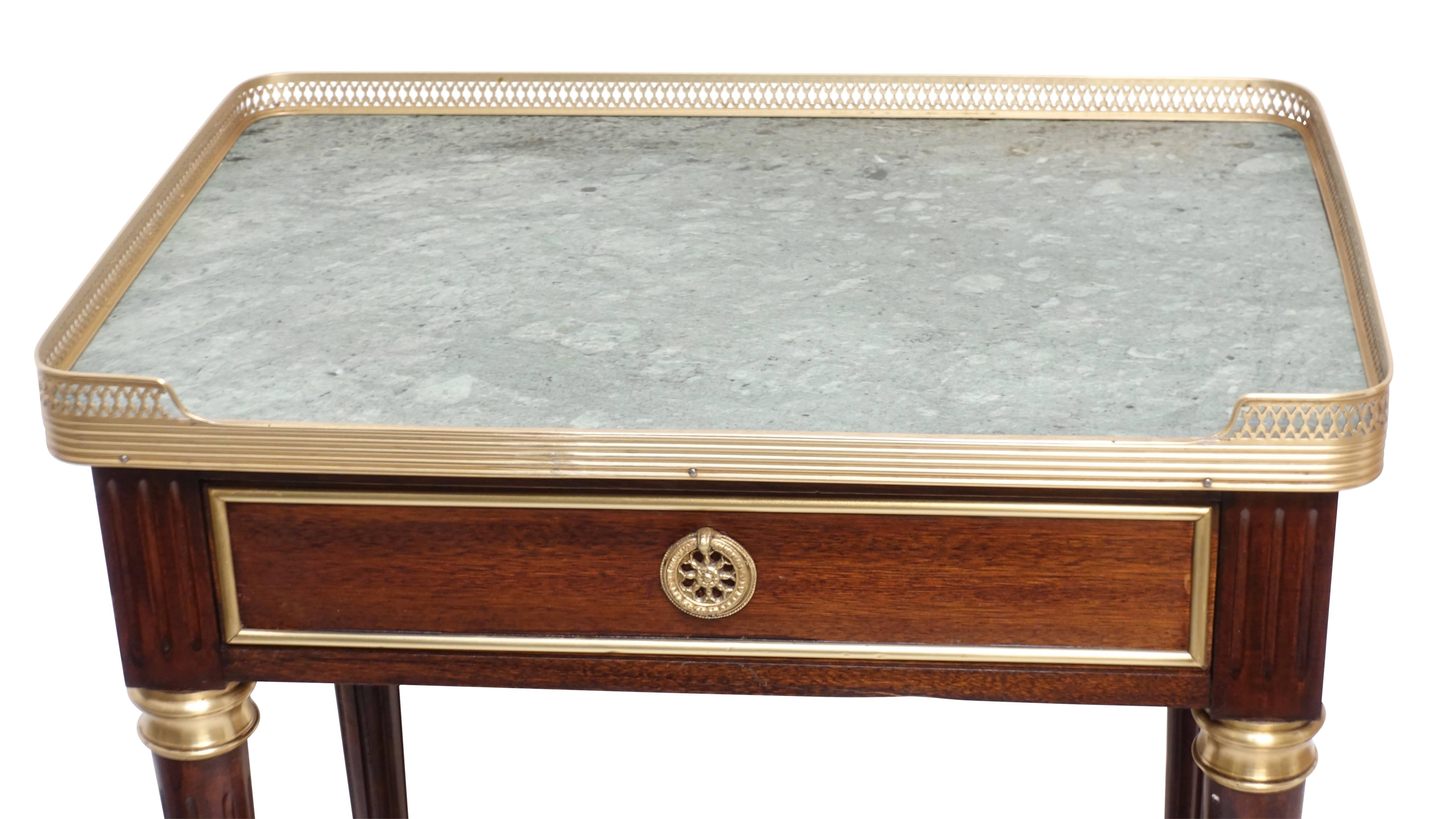 Brass French Louis XVI Style Mahogany Side Table with Green Marble Top 