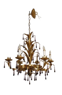 Italian Gilt Tole Chandelier with Amethyst Tear Drops