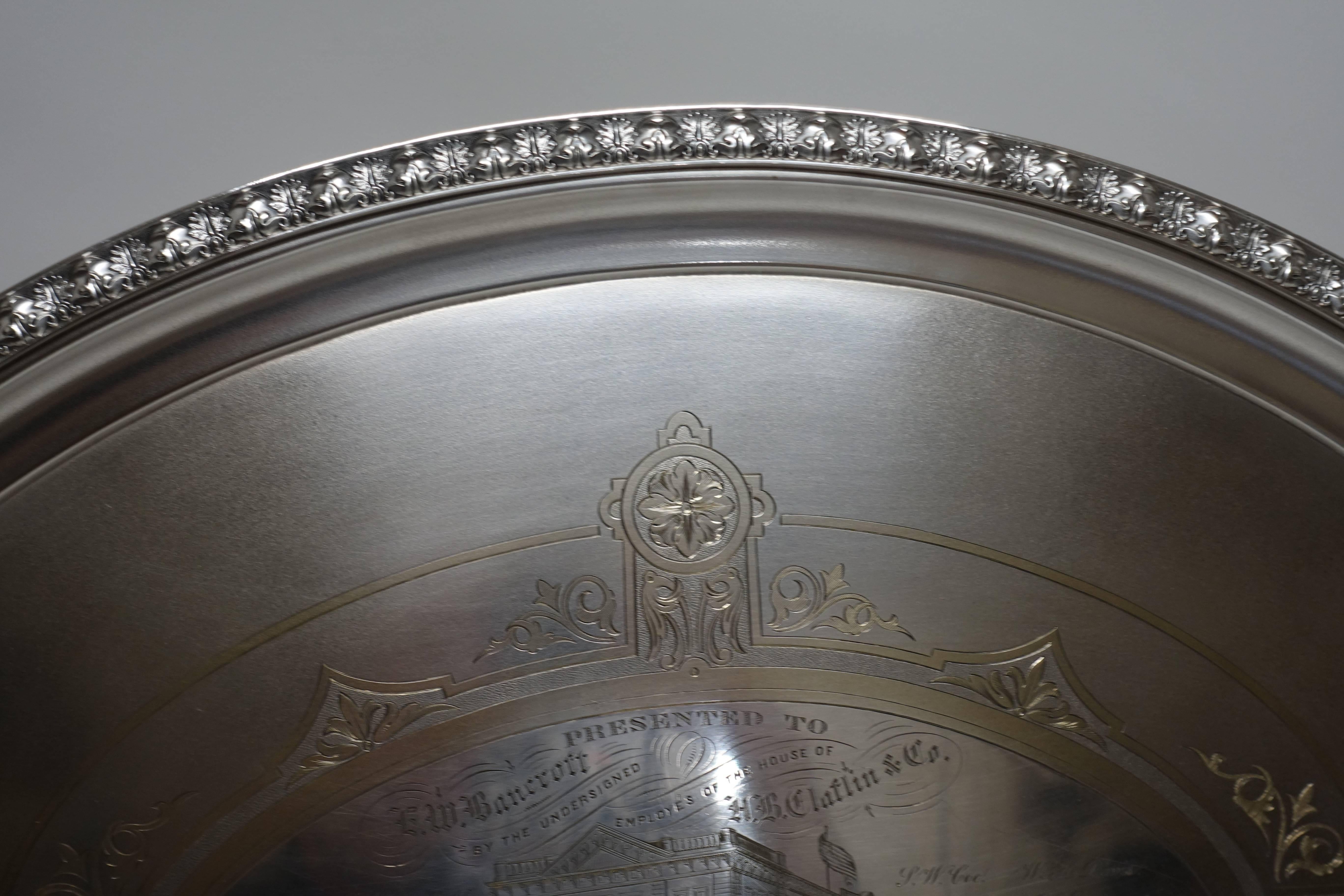 Engraved Large Commemorative Aesthetic Movement Silver Plate Tray, American 19th Century
