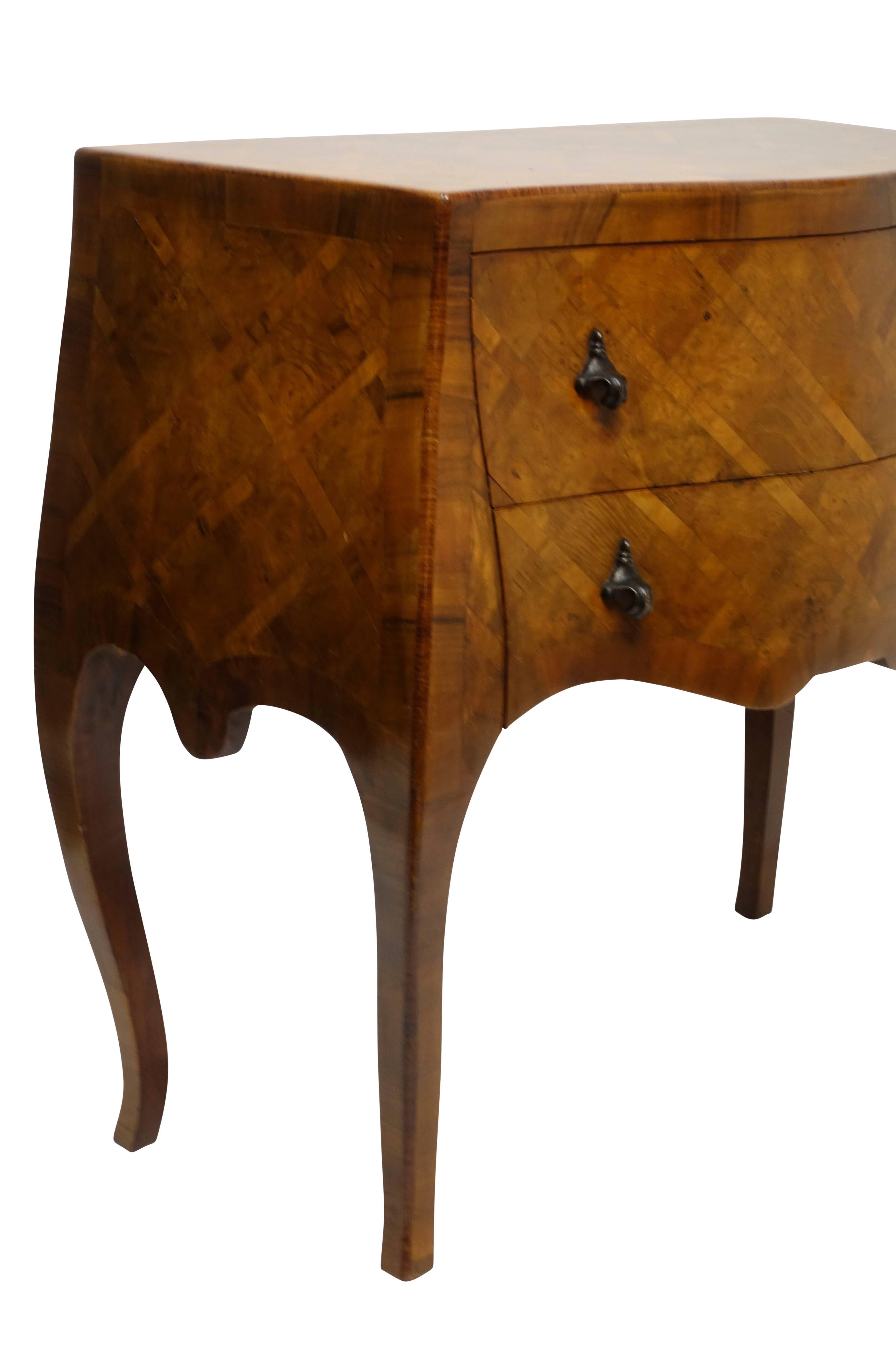 Italian Walnut Bombe Two-Drawer Commode with Brass Pulls In Excellent Condition In San Francisco, CA