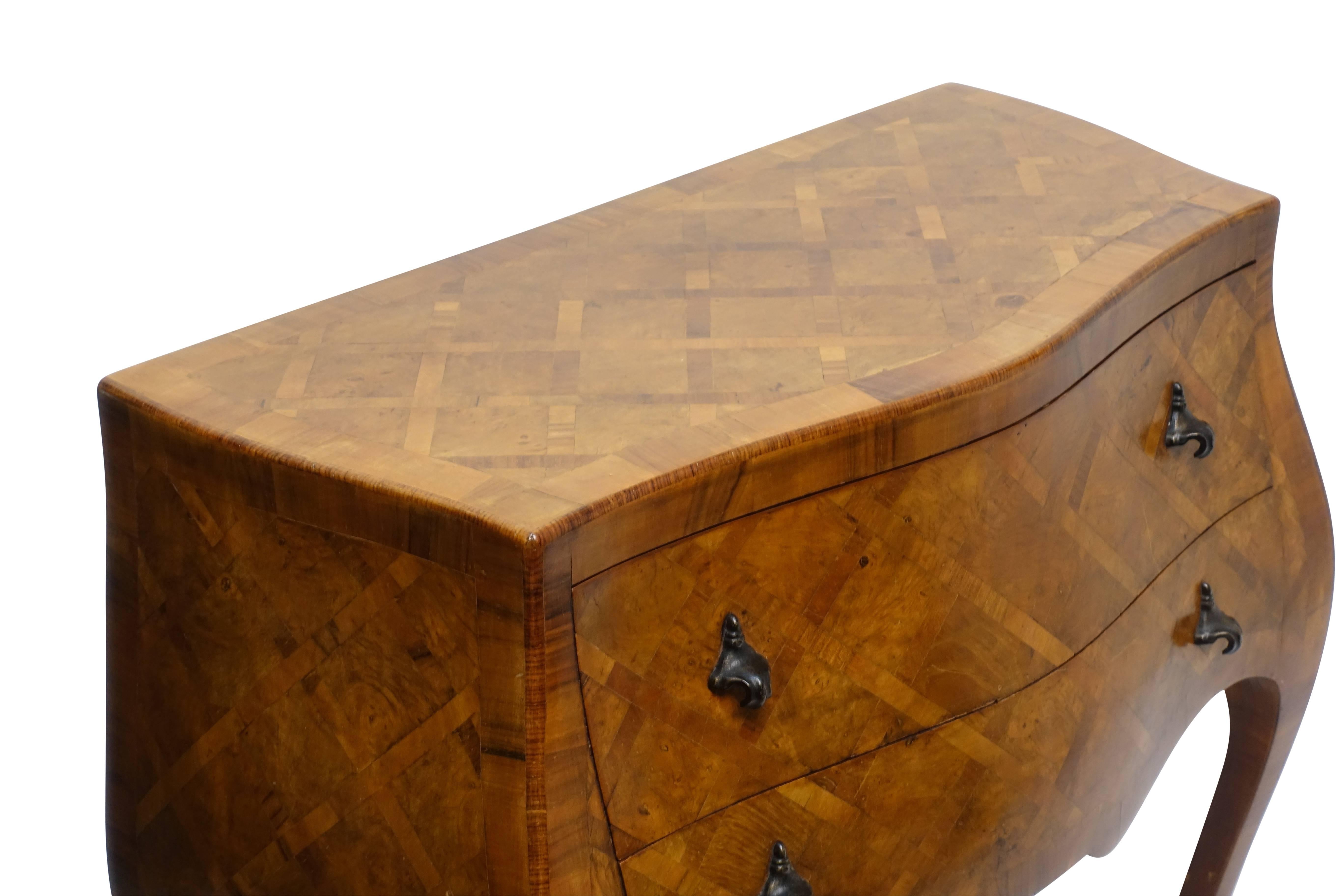 Italian Walnut Bombe Two-Drawer Commode with Brass Pulls 1