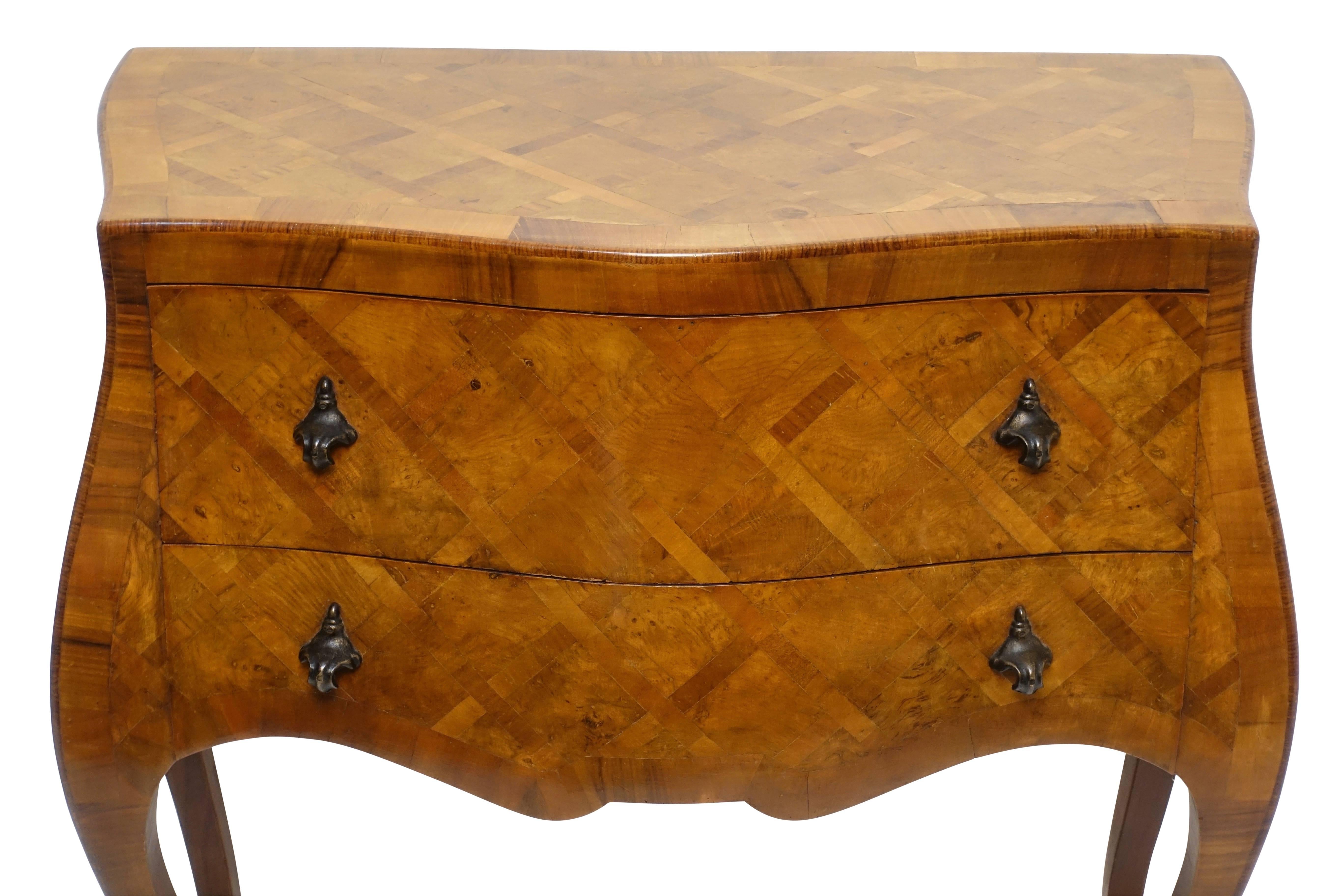 Inlay Italian Walnut Bombe Two-Drawer Commode with Brass Pulls