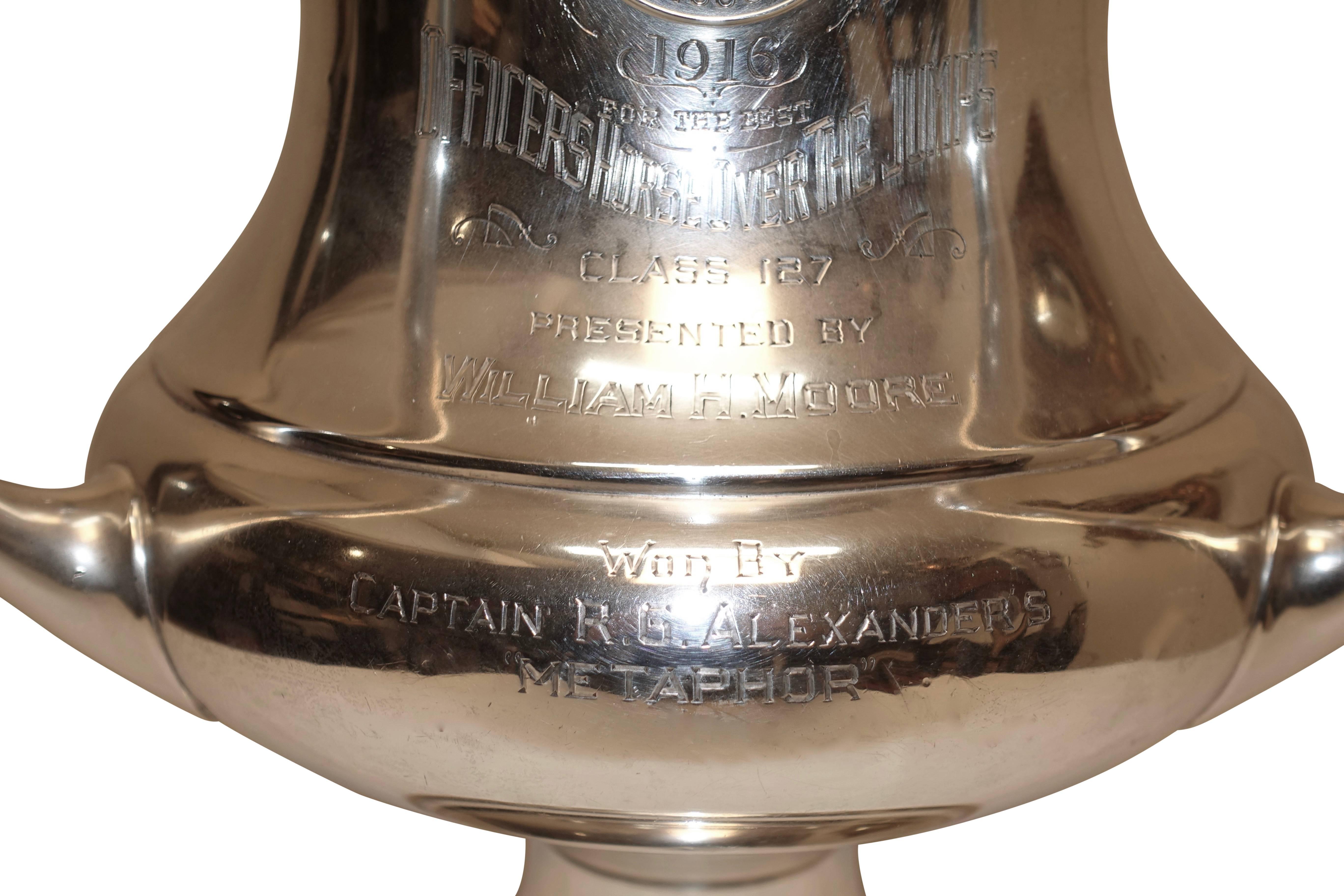 Engraved Large Three Handled Sterling Silver Horse Show Trophy Loving Cup, 1916