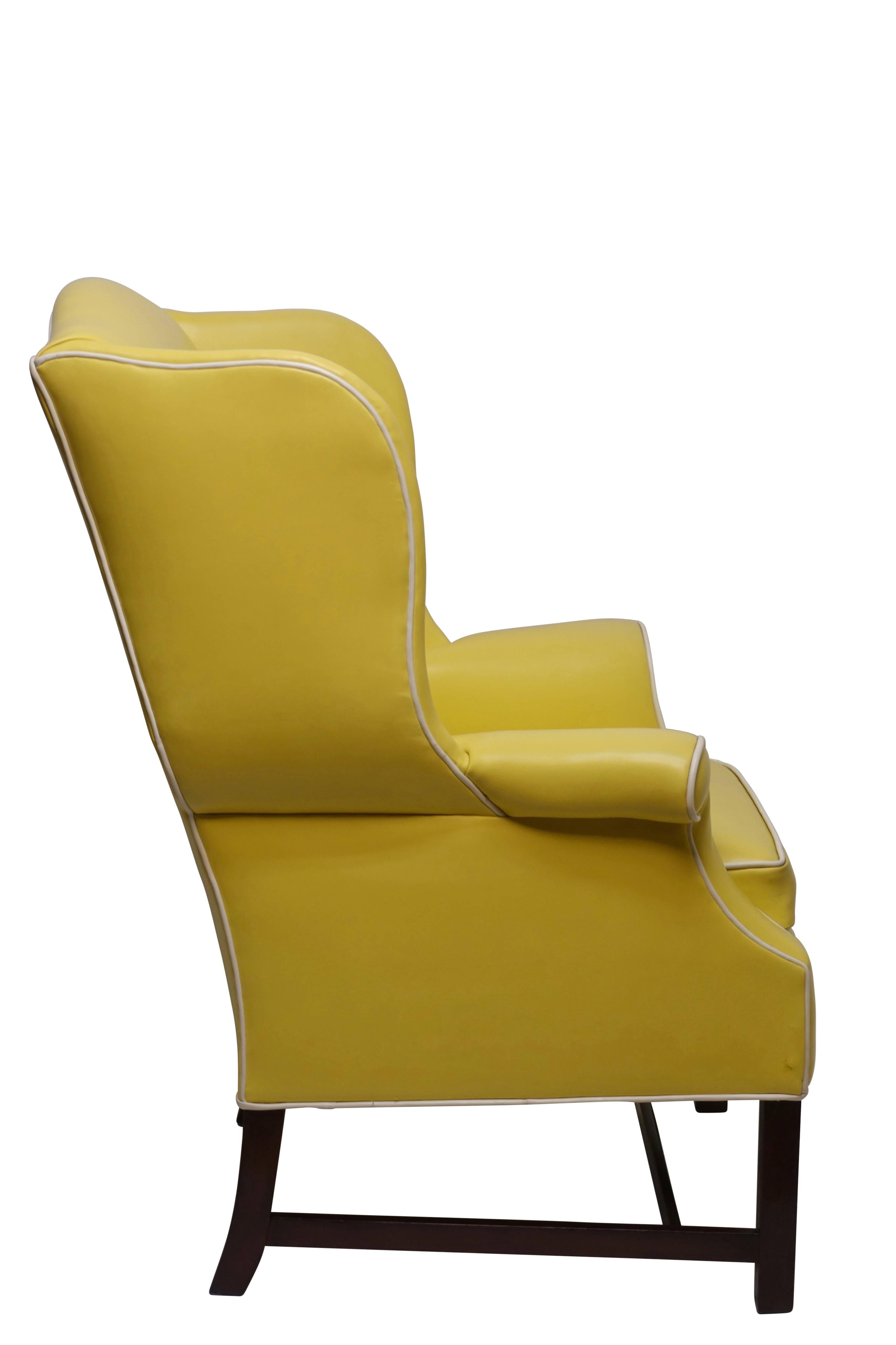 Pair of Georgian Style Yellow Vinyl Wingback Chairs with Piping Detail, 1960s 2