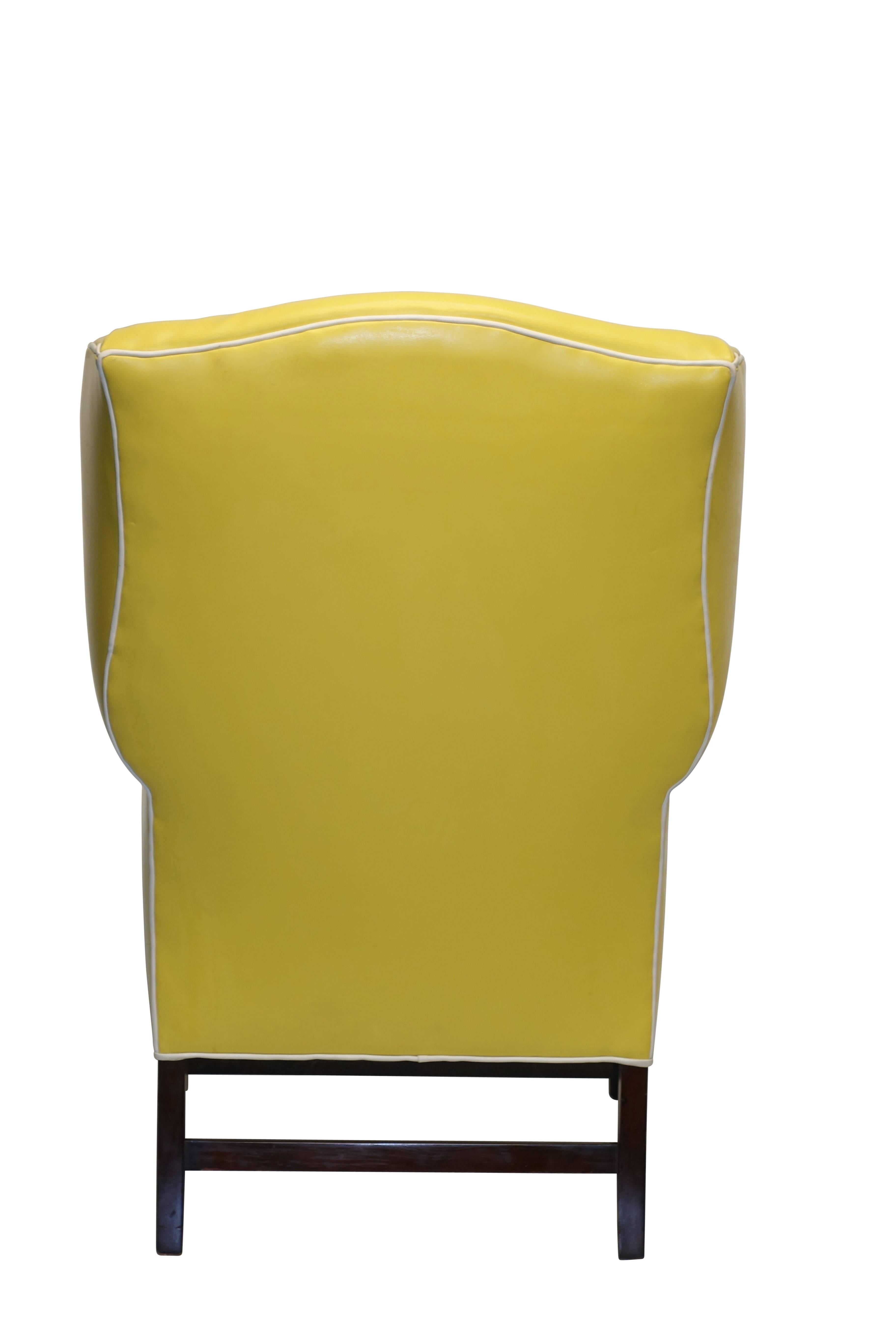 Pair of Georgian Style Yellow Vinyl Wingback Chairs with Piping Detail, 1960s 3