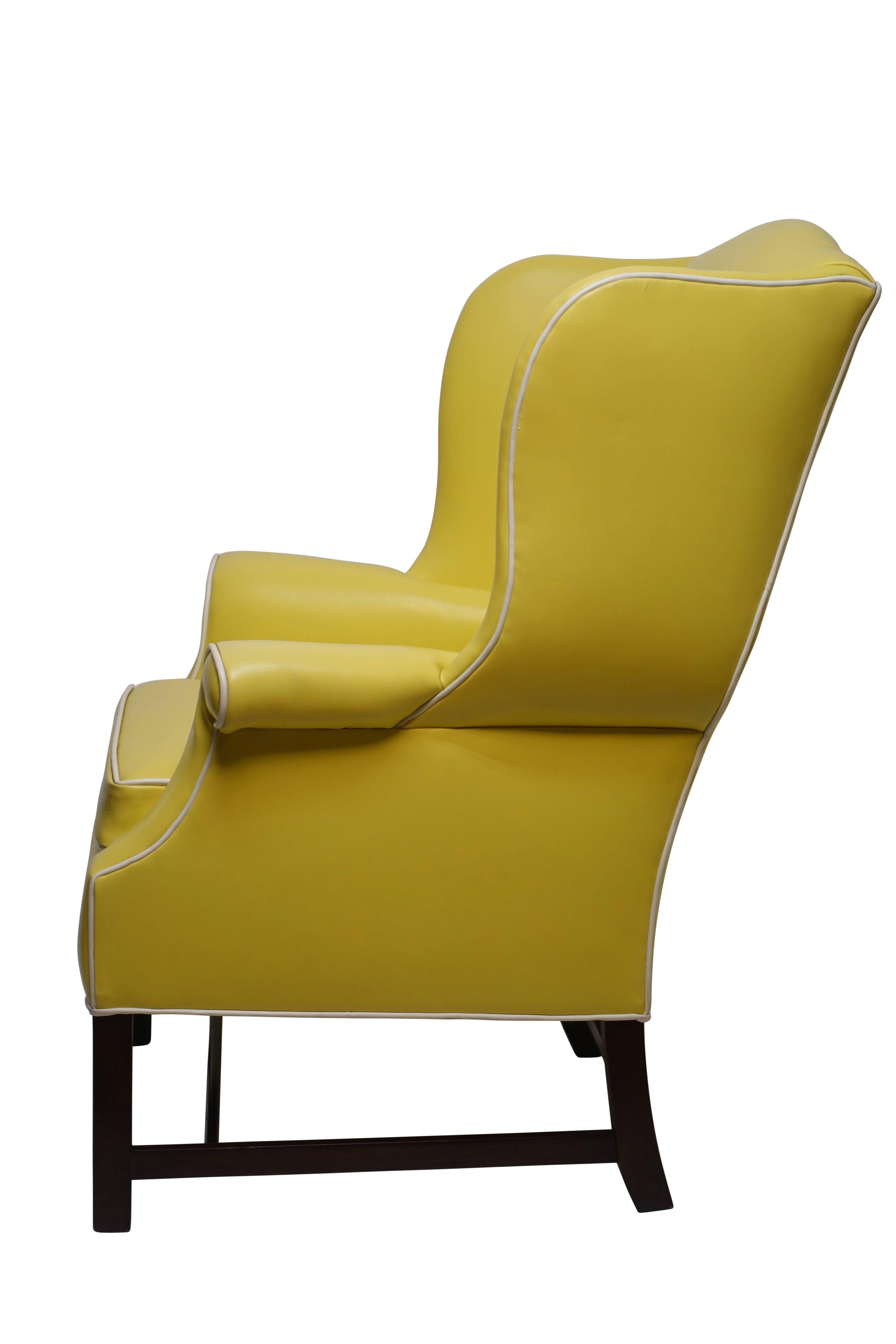 American Pair of Georgian Style Yellow Vinyl Wingback Chairs with Piping Detail, 1960s