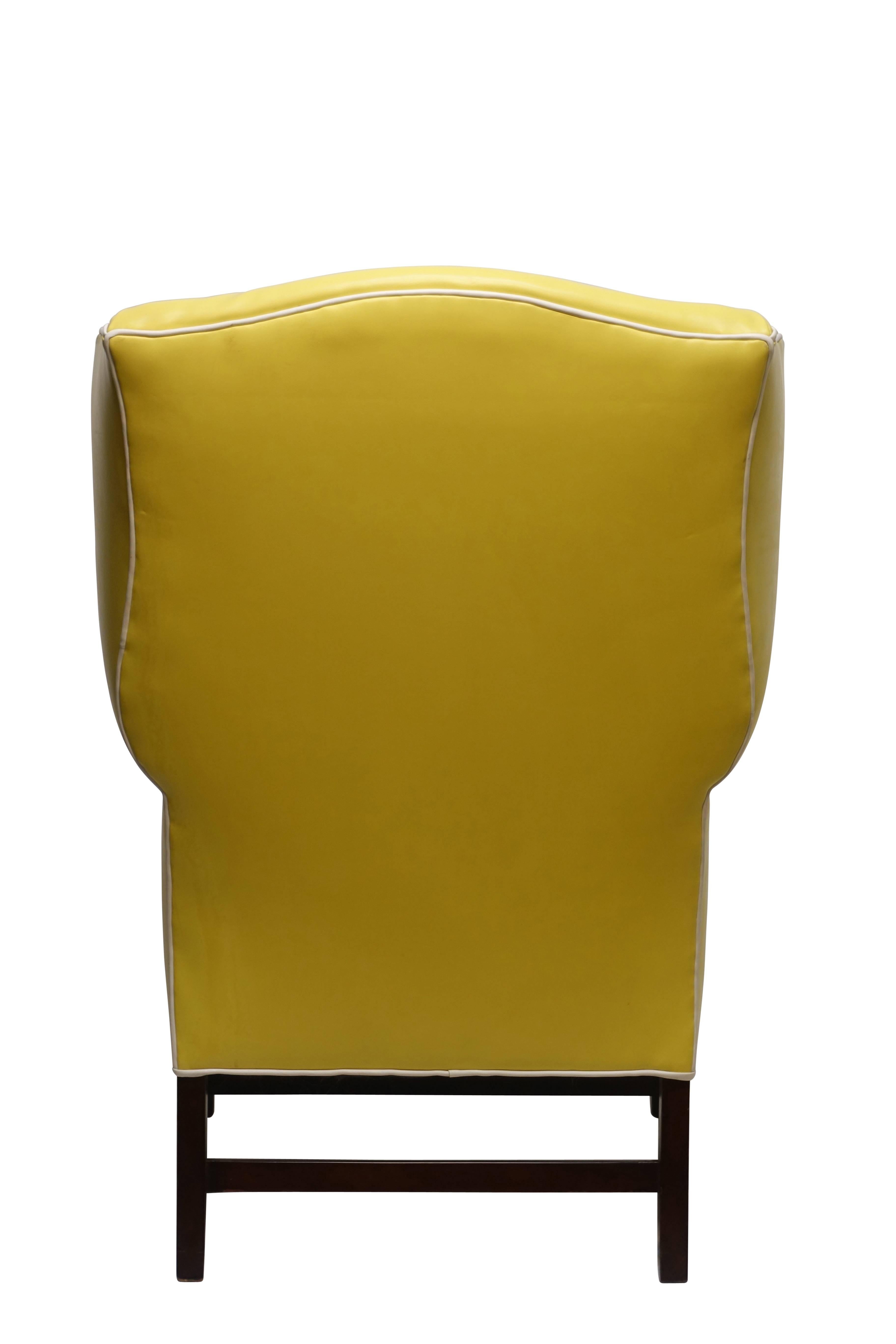Pair of Georgian Style Yellow Vinyl Wingback Chairs with Piping Detail, 1960s 4