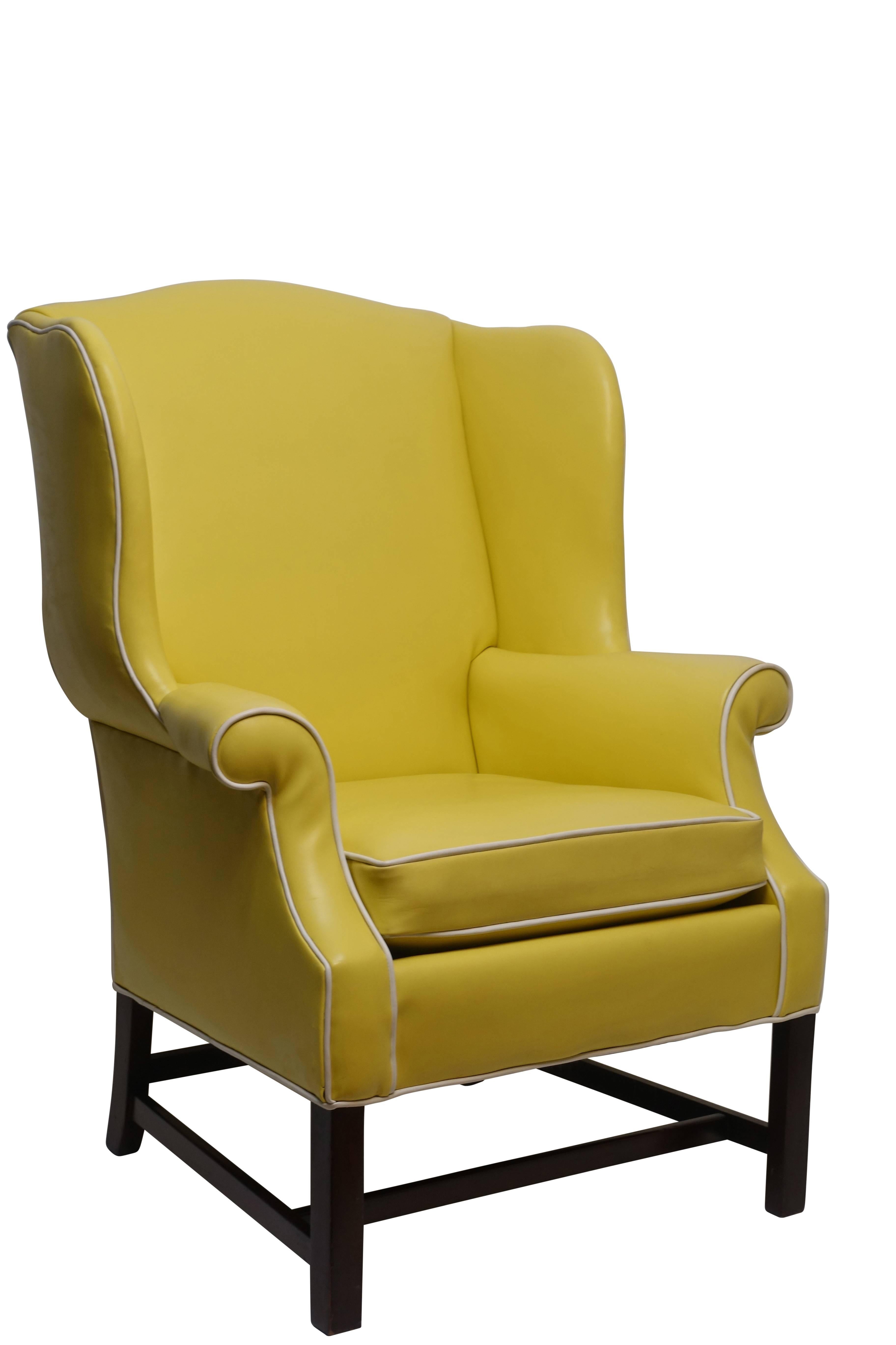 Pair of Georgian Style Yellow Vinyl Wingback Chairs with Piping Detail, 1960s 1