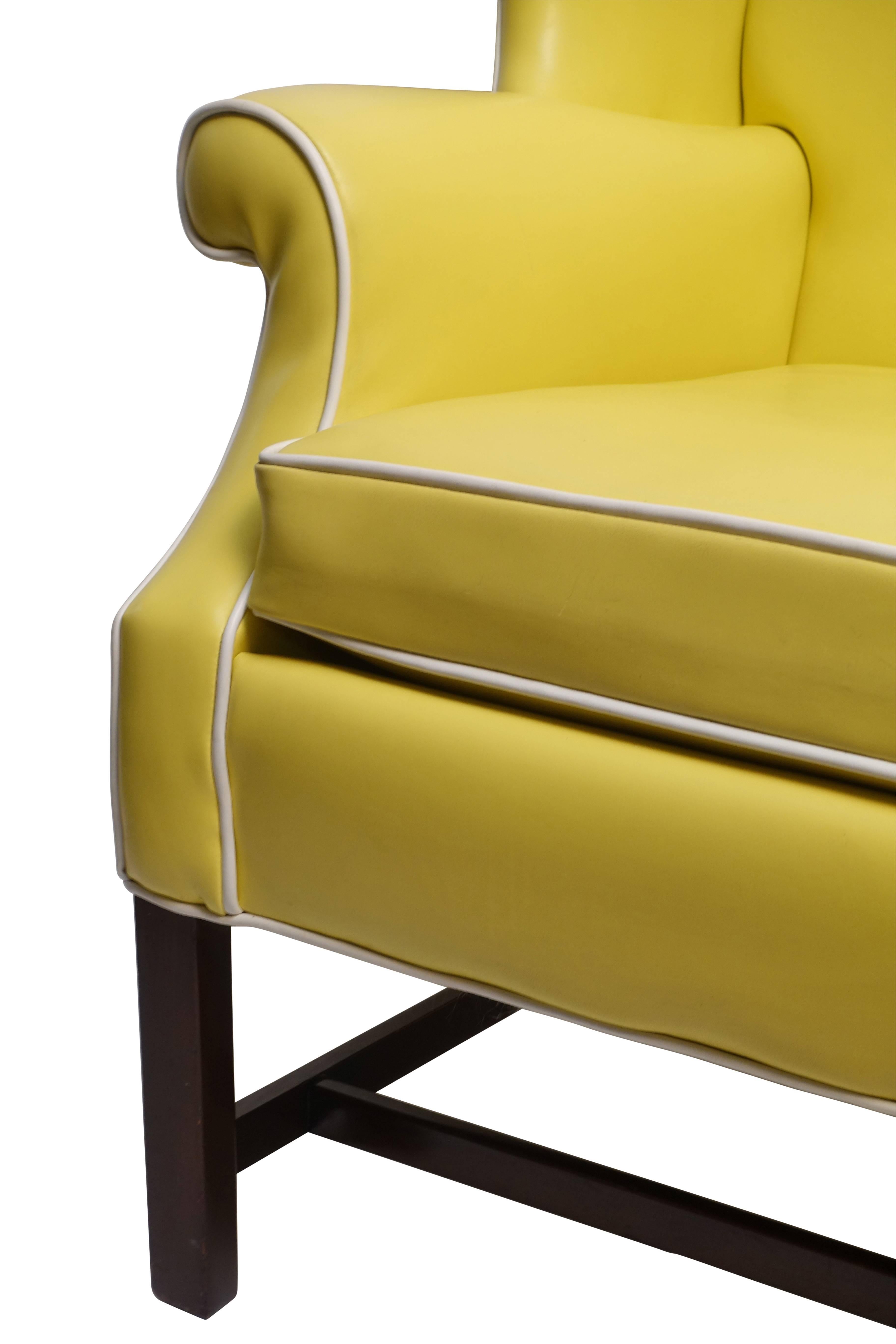 Upholstery Pair of Georgian Style Yellow Vinyl Wingback Chairs with Piping Detail, 1960s
