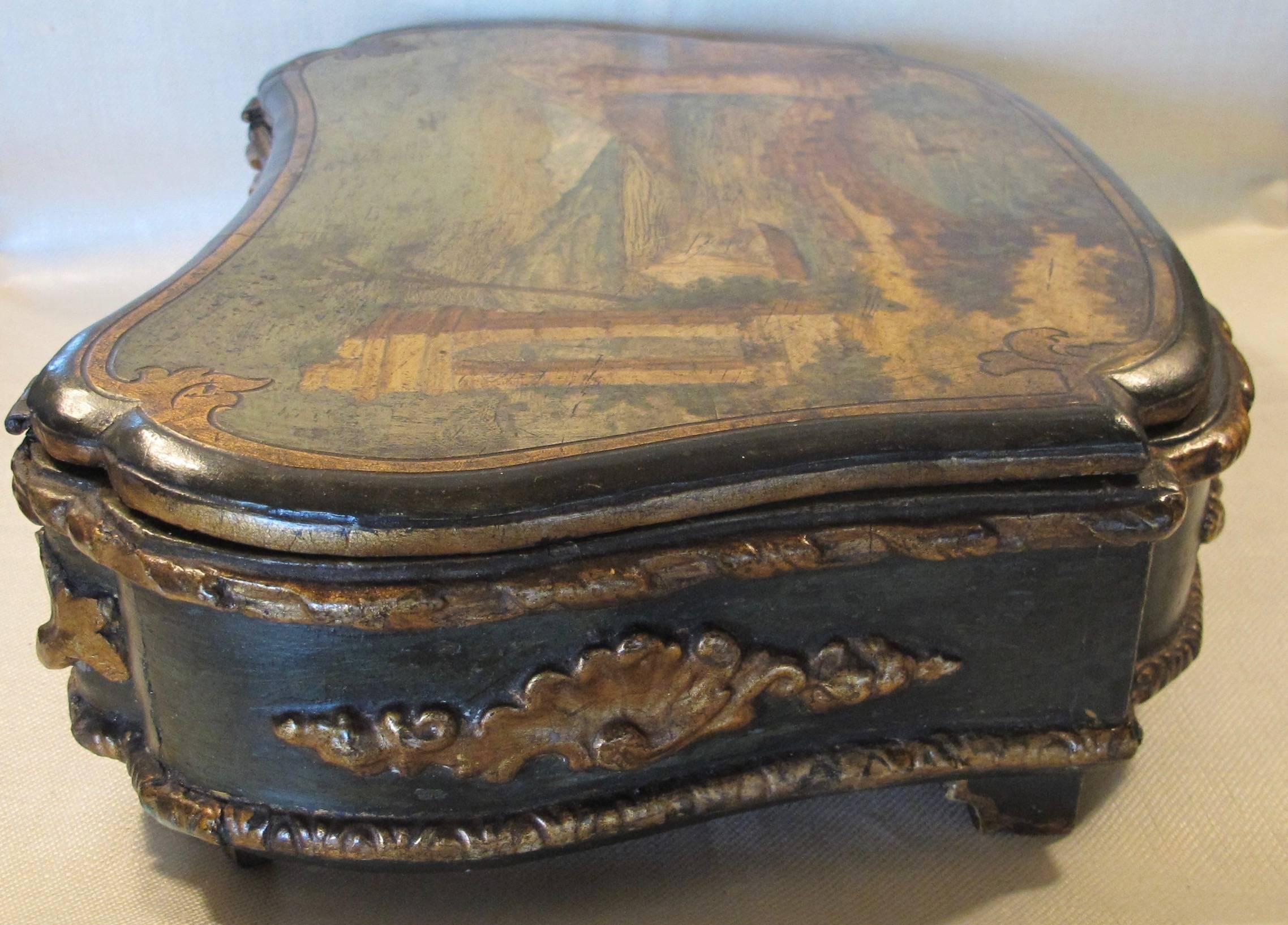 English Hand-Painted and Decoupage Shaped Box, 18th Century