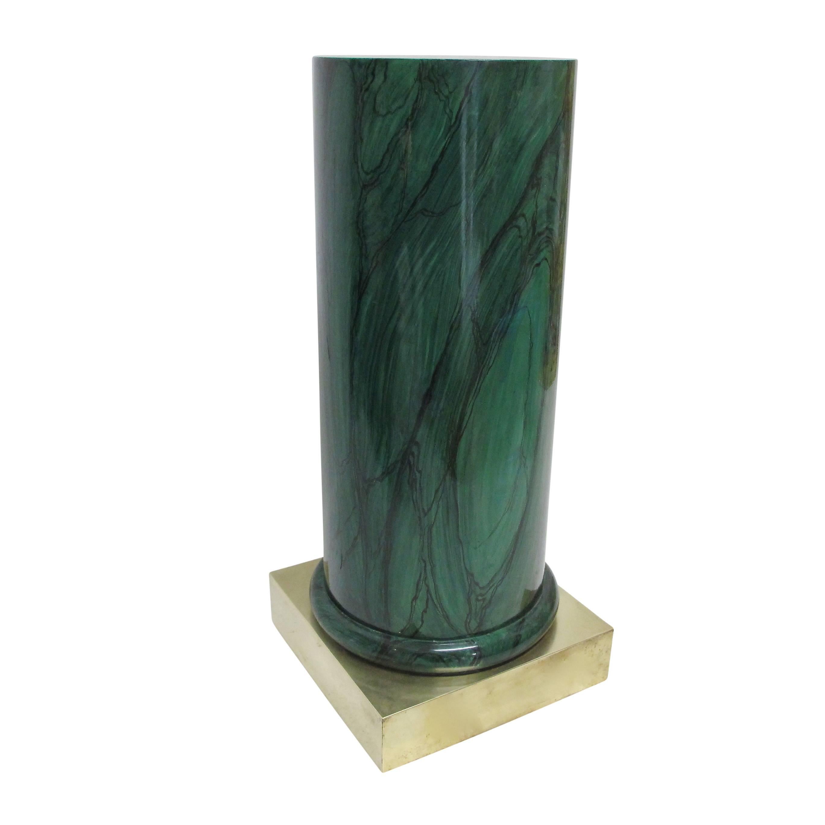 Hand-Painted Faux Painted Malachite Pedestal Column with Brass Base