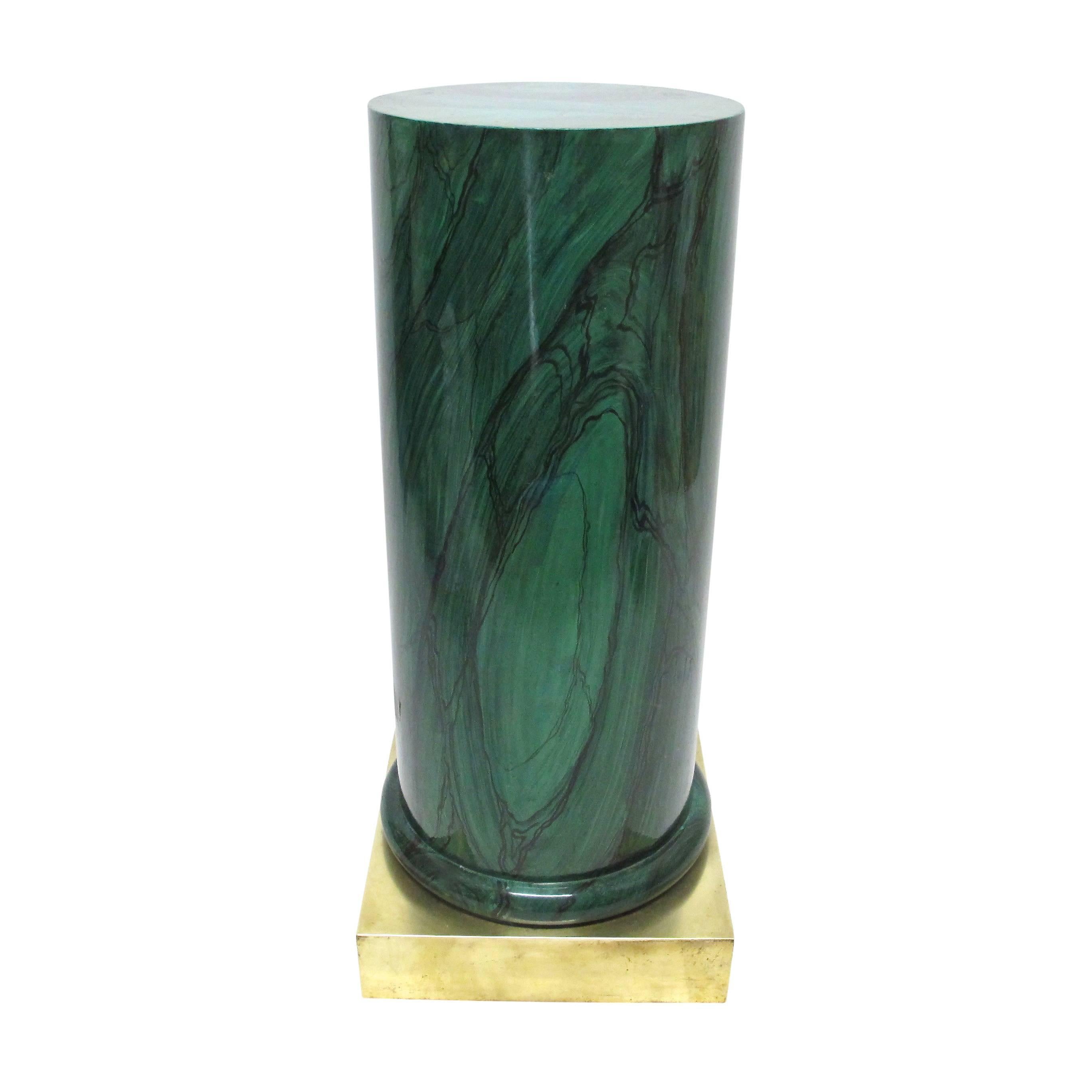20th Century Faux Painted Malachite Pedestal Column with Brass Base