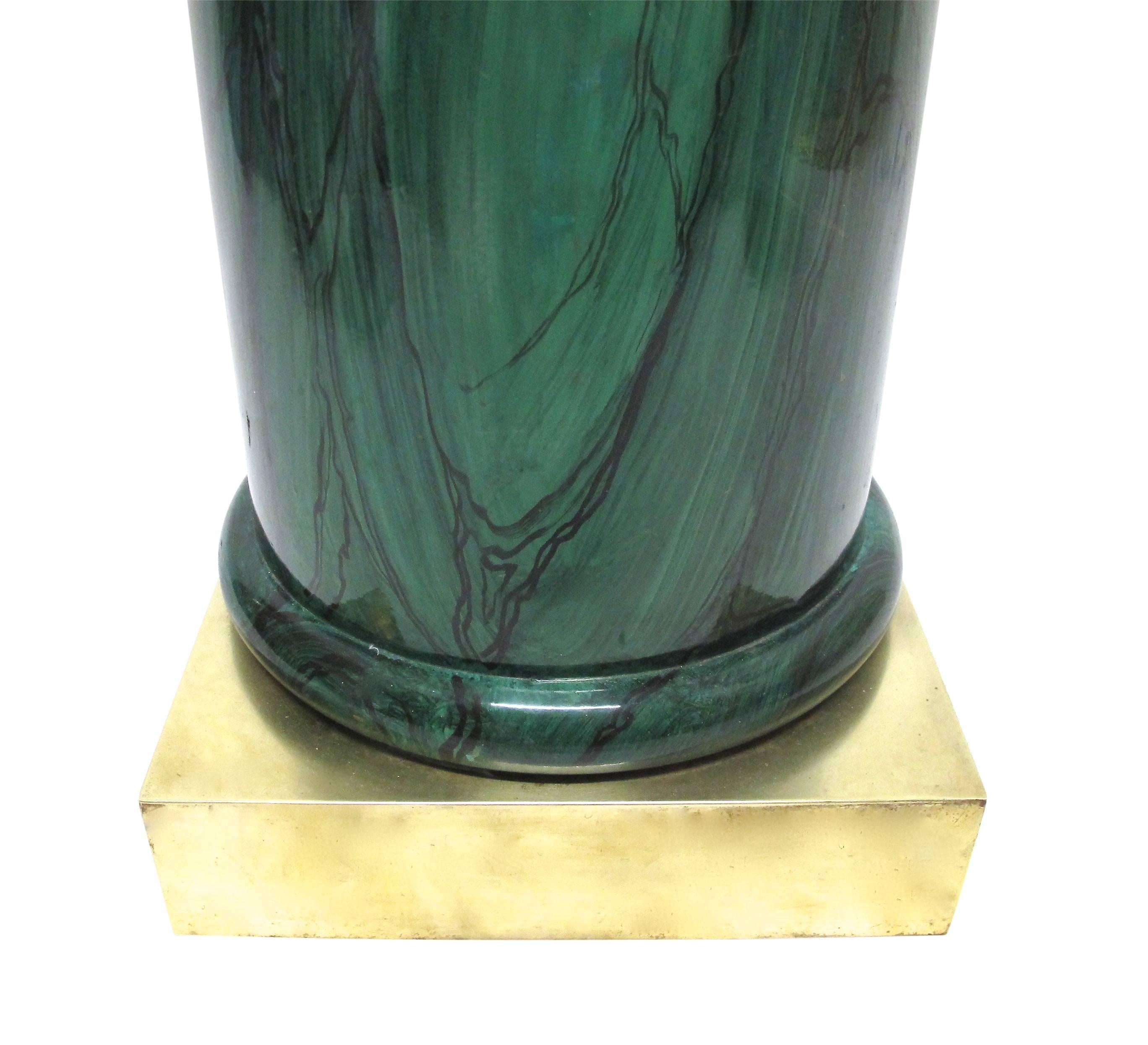 American Faux Painted Malachite Pedestal Column with Brass Base