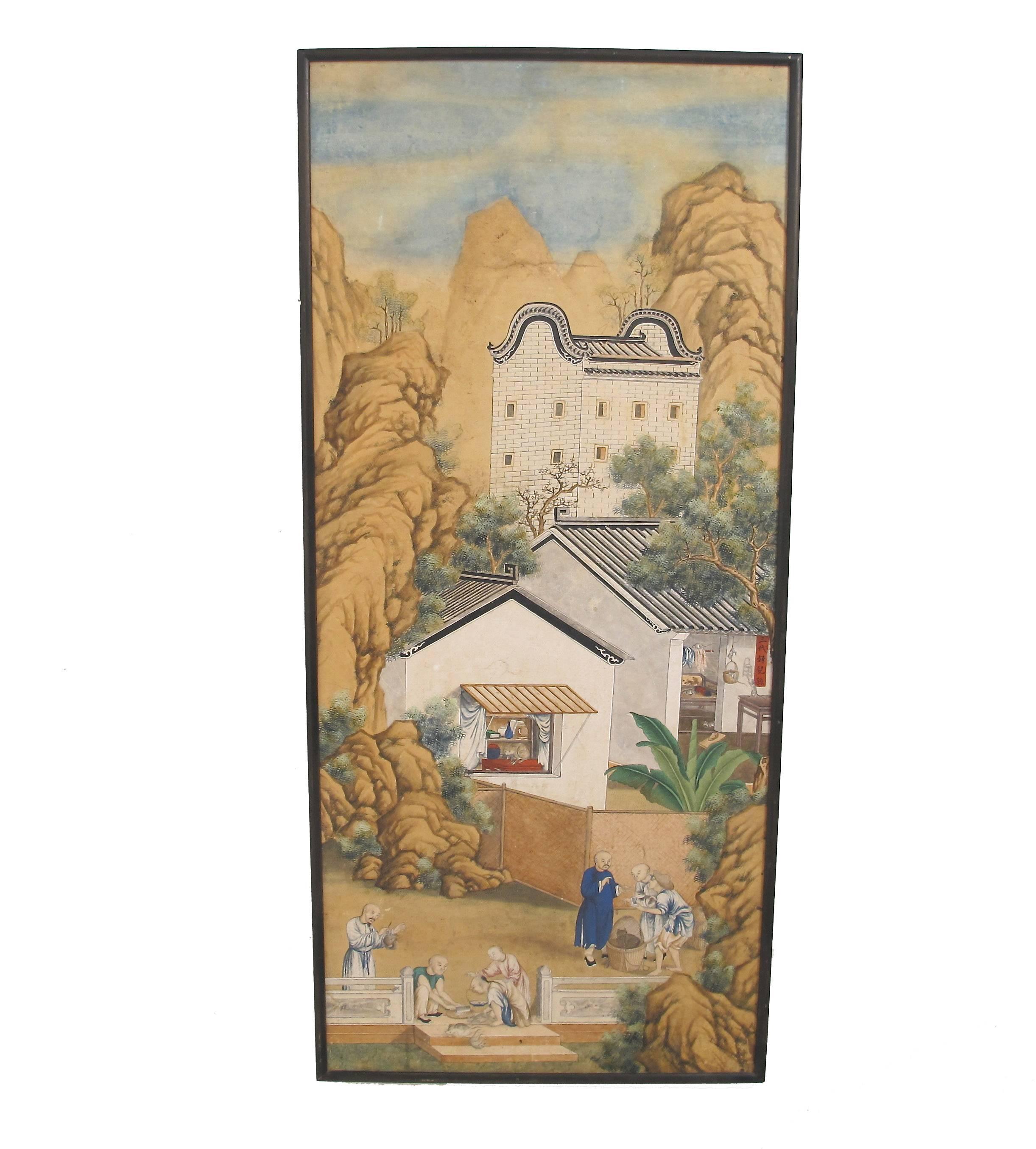 A finely detailed village scene, watercolor painted on paper in wood frame, Chinese, 19th century.