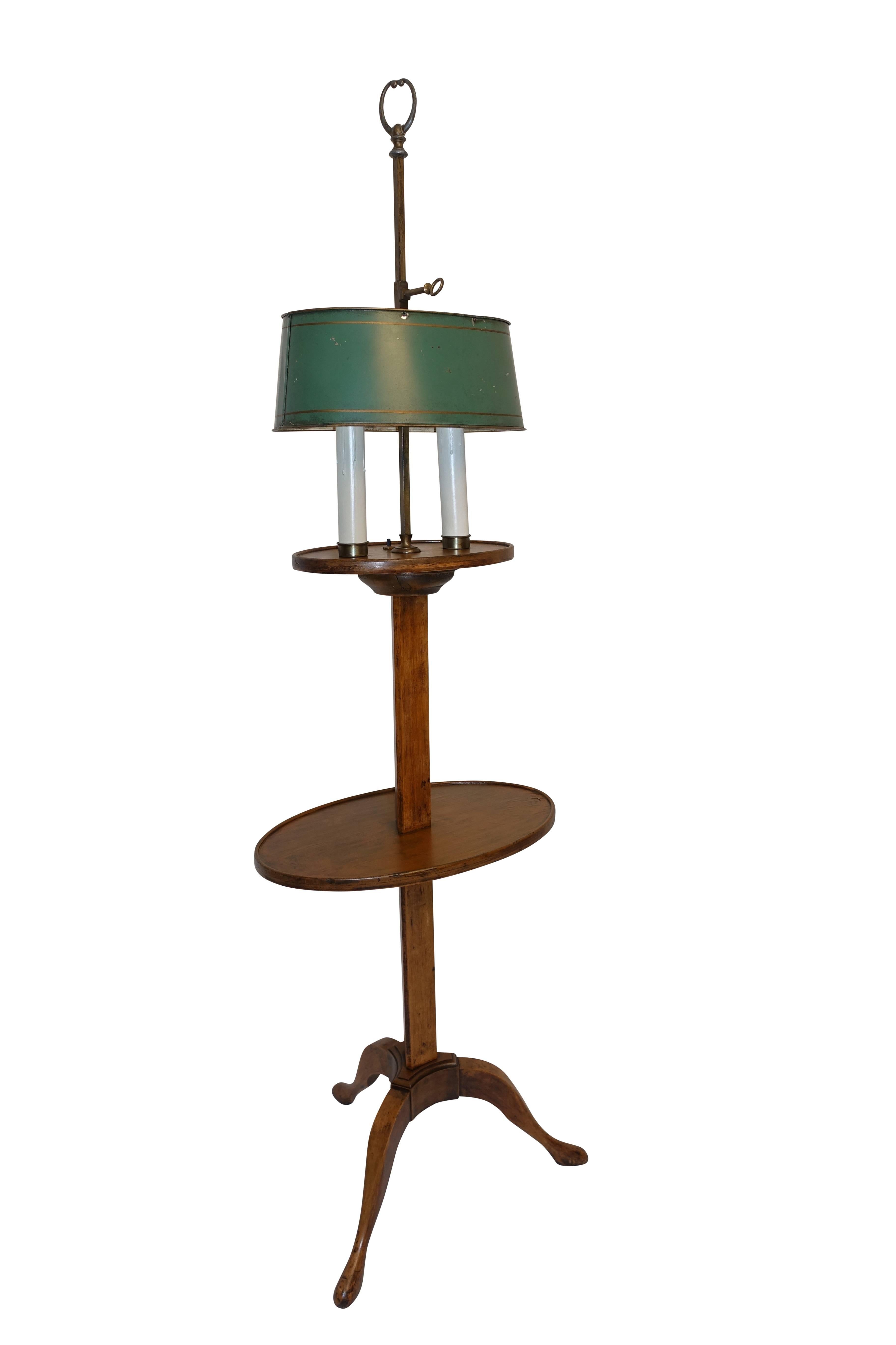 Fruitwood Bouillotte Candle Stand Lamp with Tole Shade, French, 19th Century