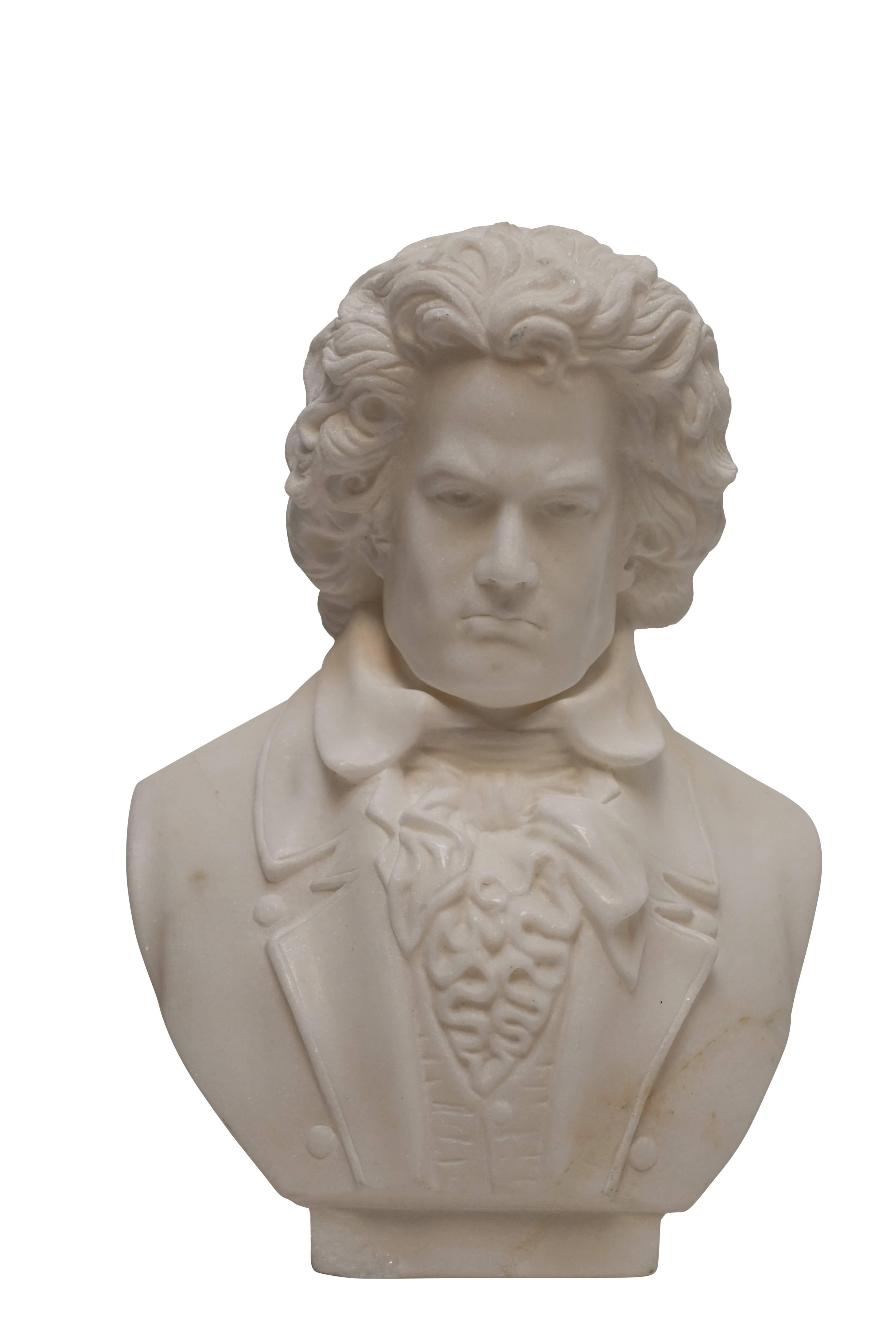 Hand-Carved Carrera Marble Bust of Beethoven, 19th Century