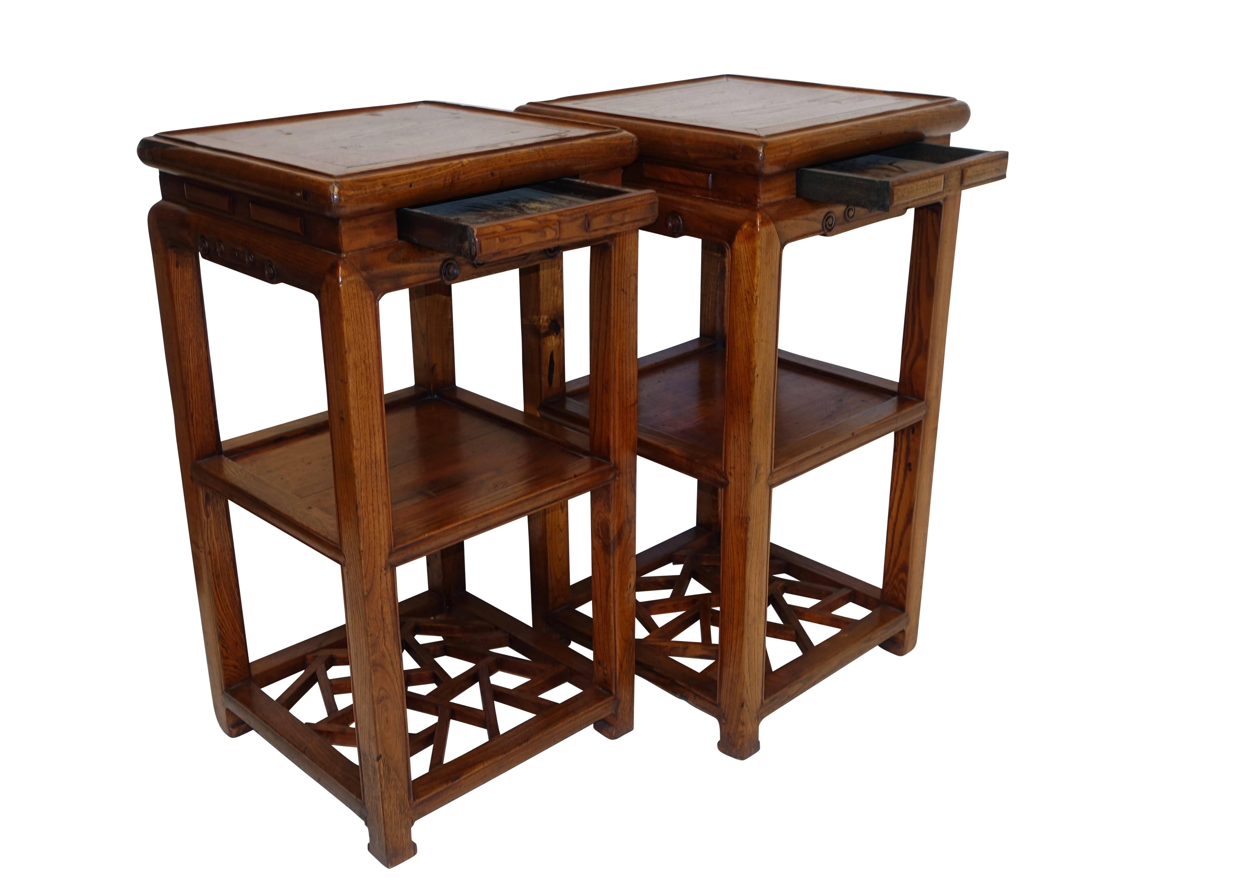 Pair of Qing Dynasty Two-Tier Stands with Hidden Drawers In Excellent Condition In San Francisco, CA