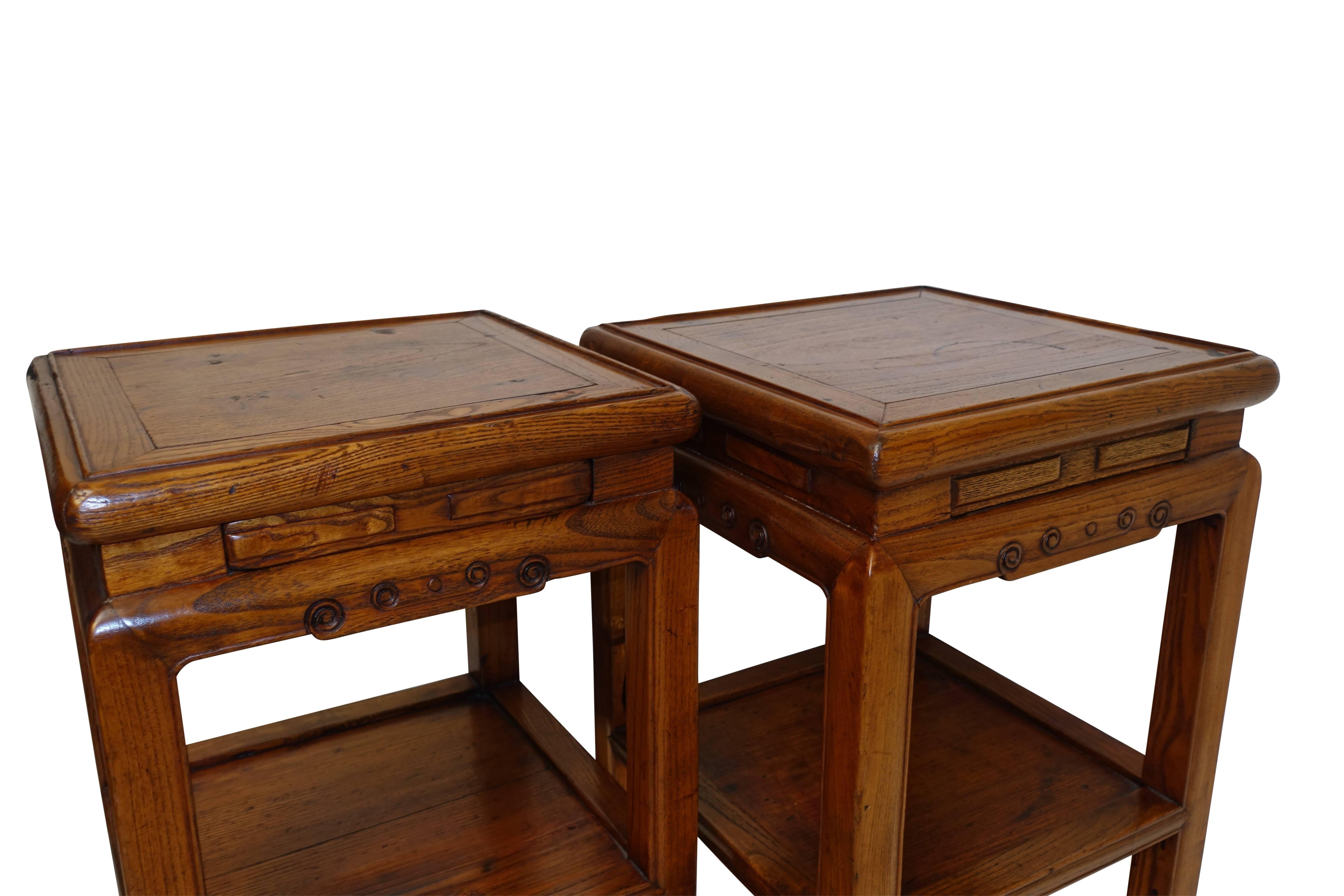 Elm Pair of Qing Dynasty Two-Tier Stands with Hidden Drawers