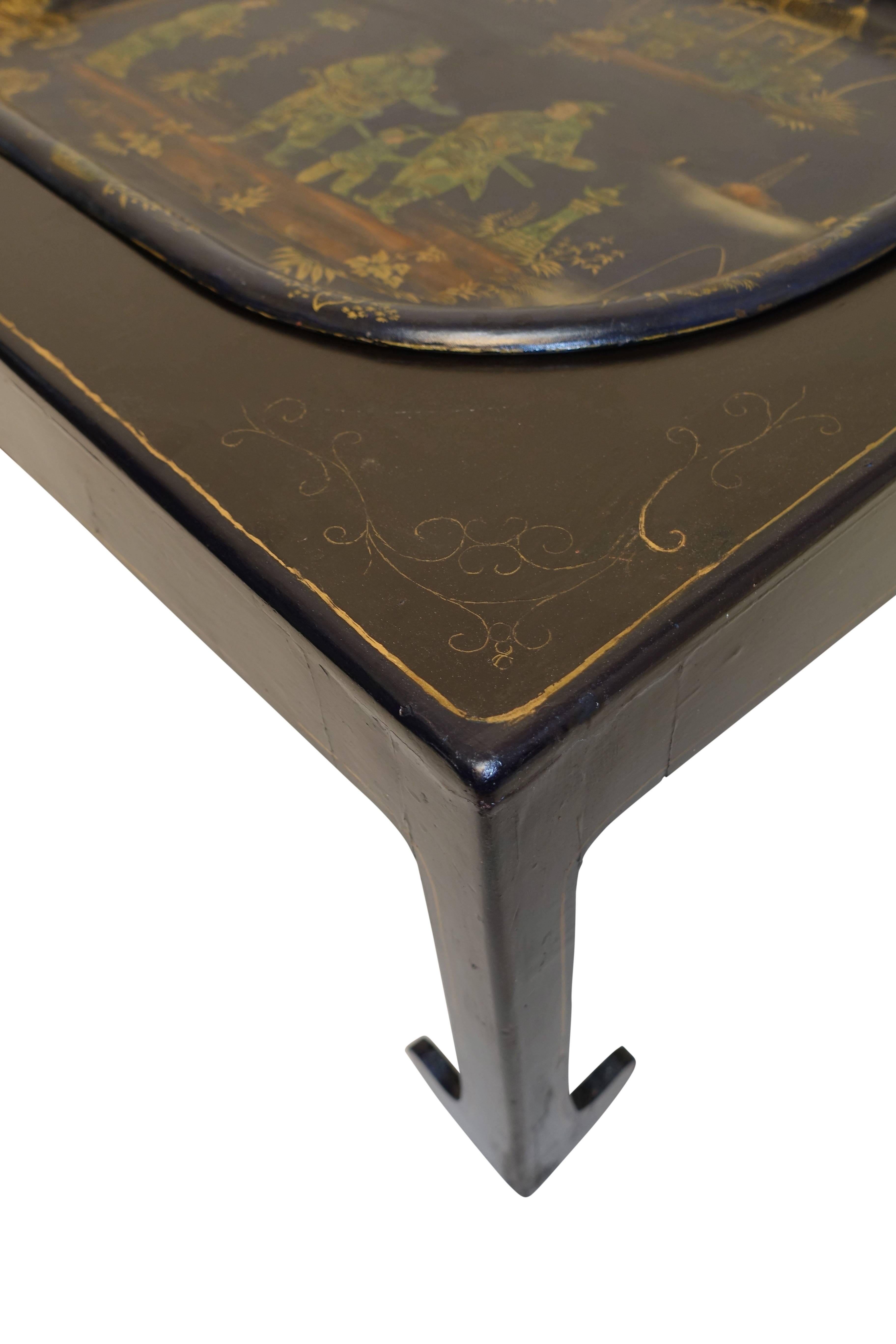 Tin Navy Blue Tole Tray Table with Black Asian Style Stand, England, 19th Century