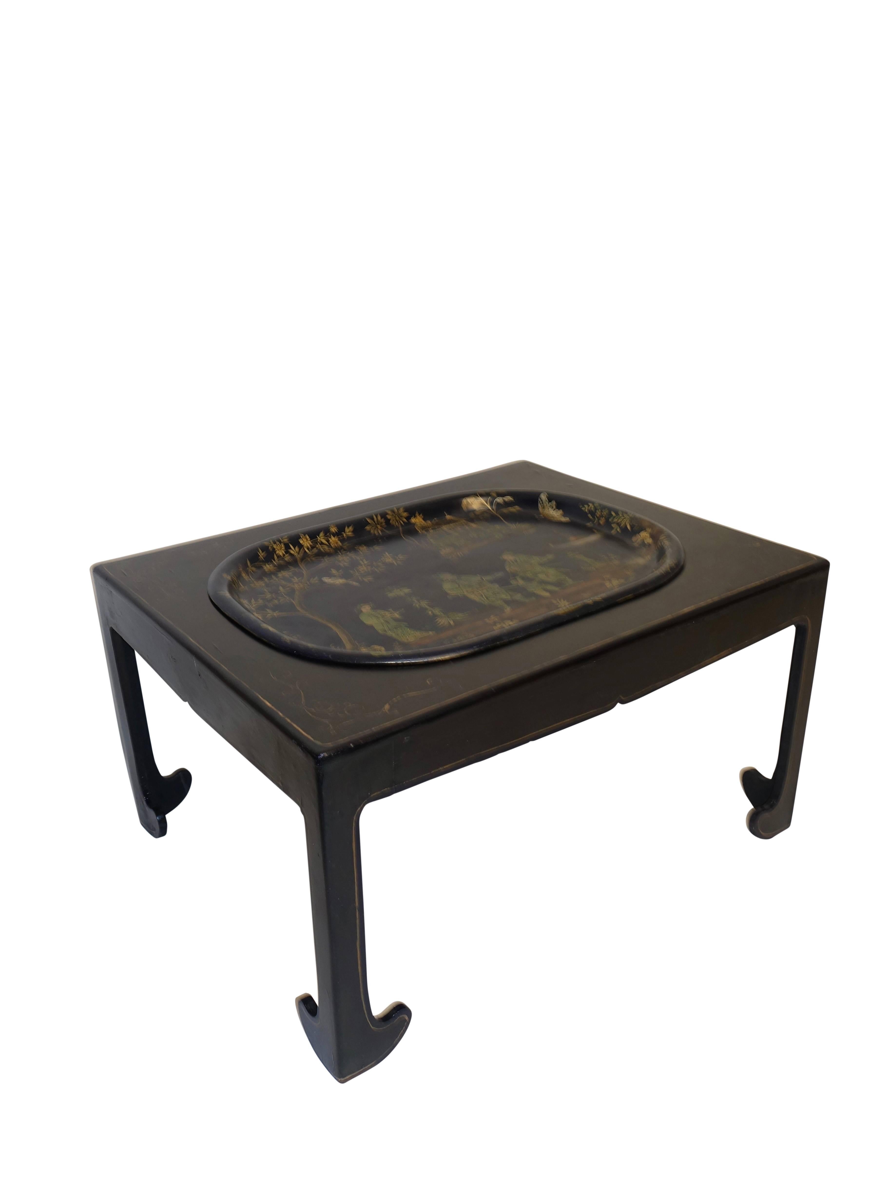 Lacquered Navy Blue Tole Tray Table with Black Asian Style Stand, England, 19th Century