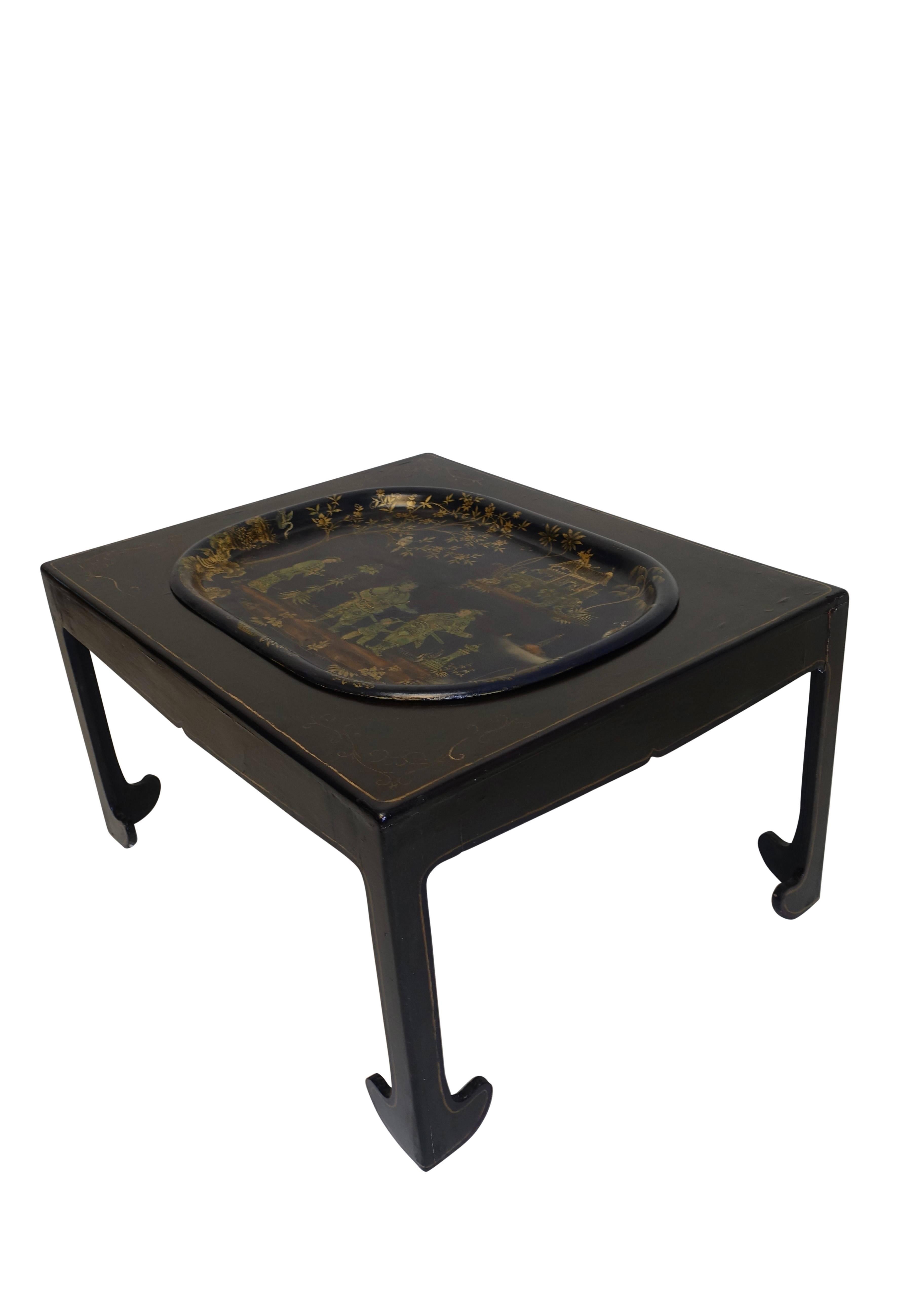 Navy Blue Tole Tray Table with Black Asian Style Stand, England, 19th Century 2
