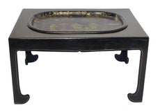 Navy Blue Tole Tray Table with Black Asian Style Stand, England, 19th Century