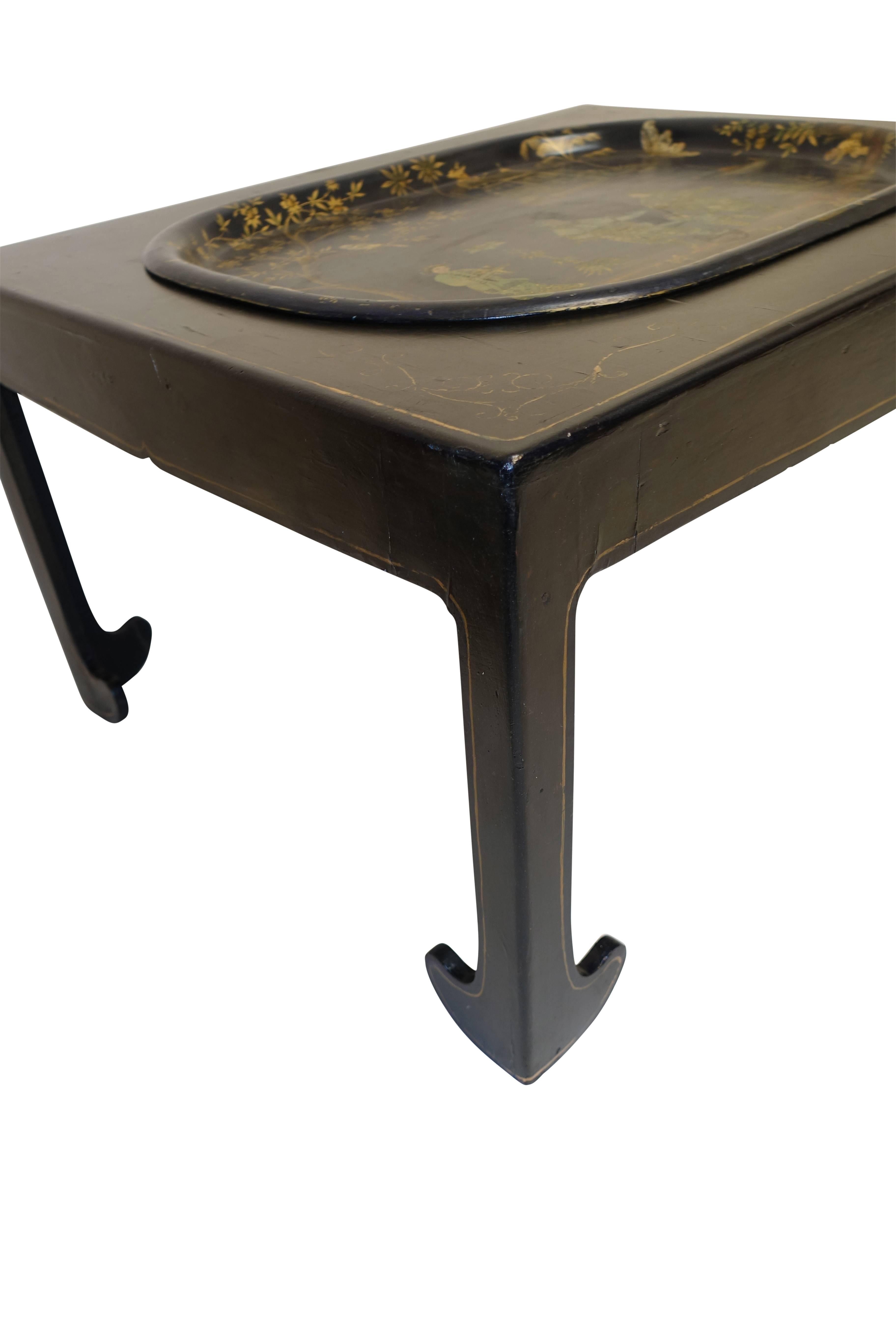 Navy Blue Tole Tray Table with Black Asian Style Stand, England, 19th Century 1