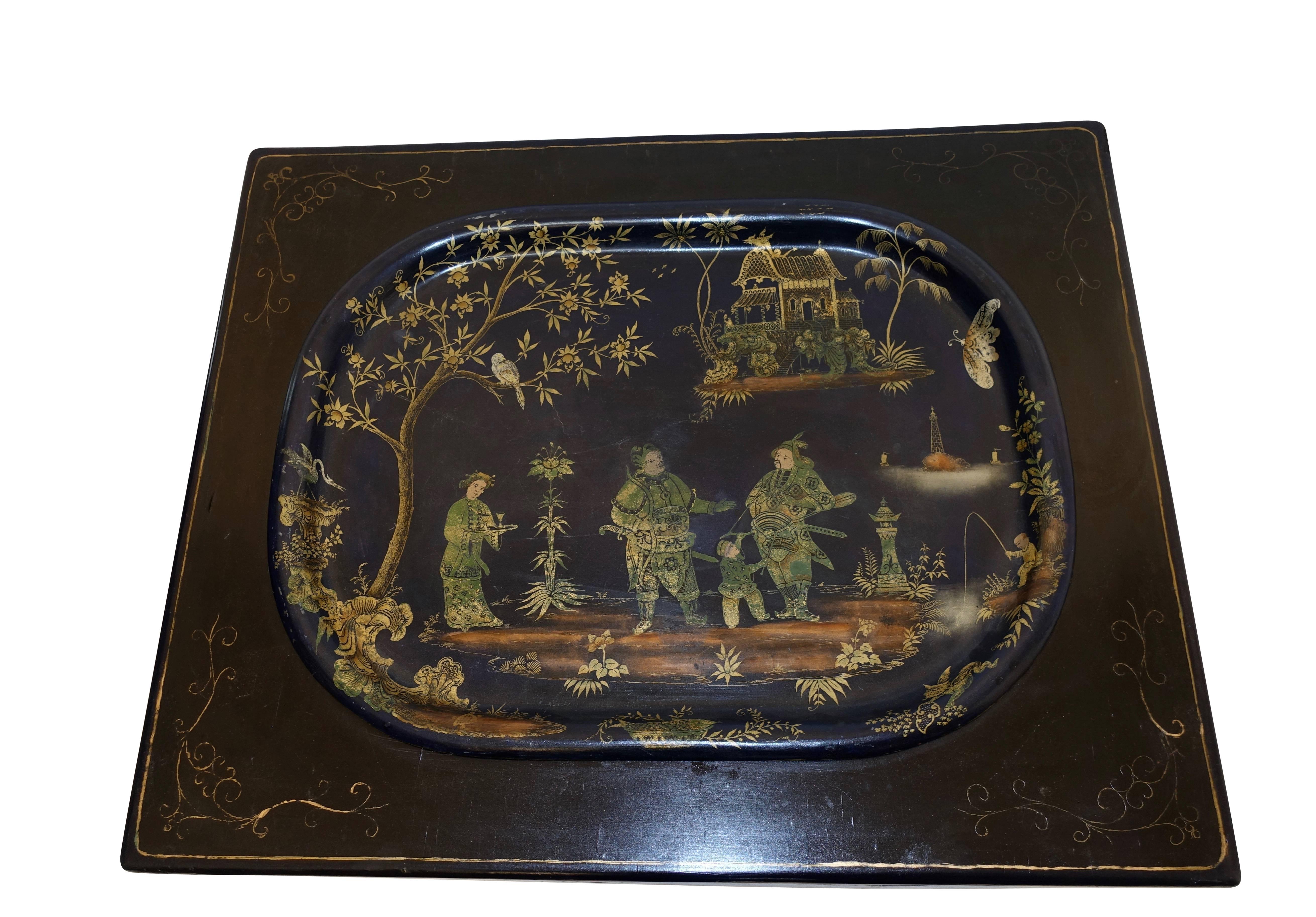 Navy Blue Tole Tray Table with Black Asian Style Stand, England, 19th Century 3