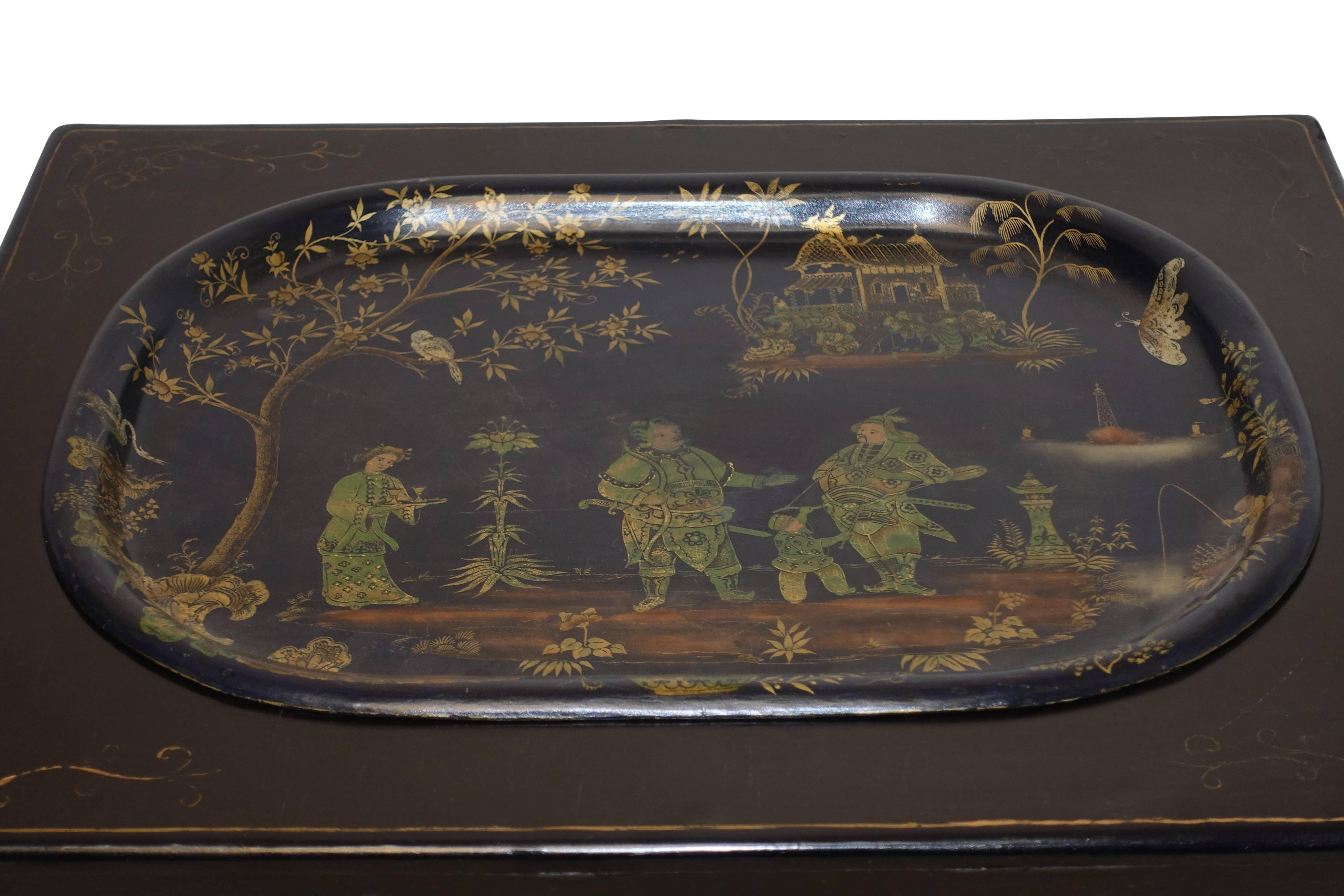 Chinoiserie Navy Blue Tole Tray Table with Black Asian Style Stand, England, 19th Century