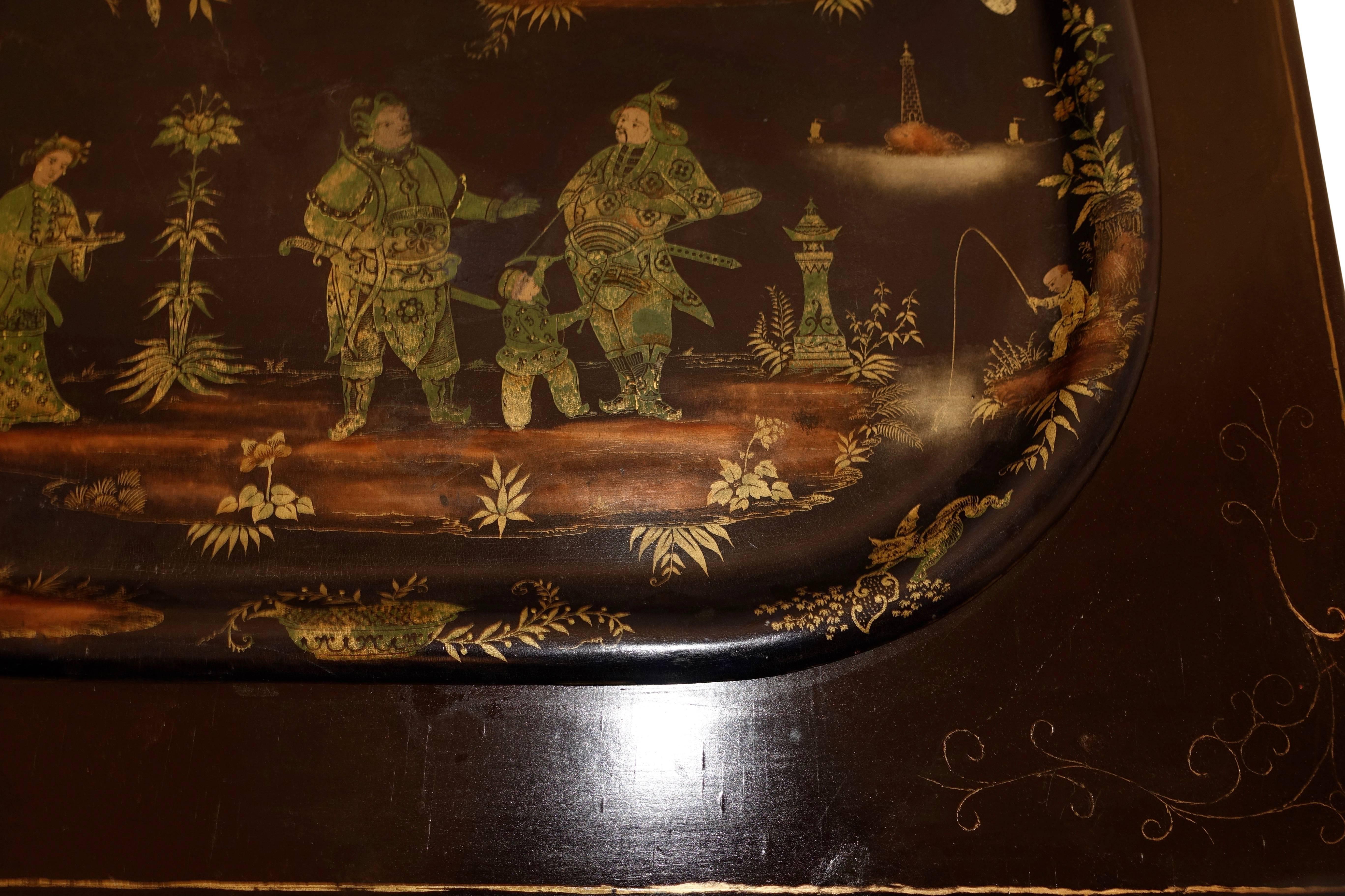 Navy Blue Tole Tray Table with Black Asian Style Stand, England, 19th Century In Excellent Condition In San Francisco, CA