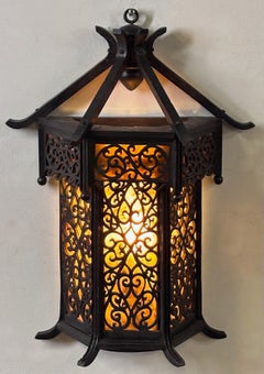 Asian Style Wood and Mica Wall Lantern Sconce, Early 20th Century circa 1915