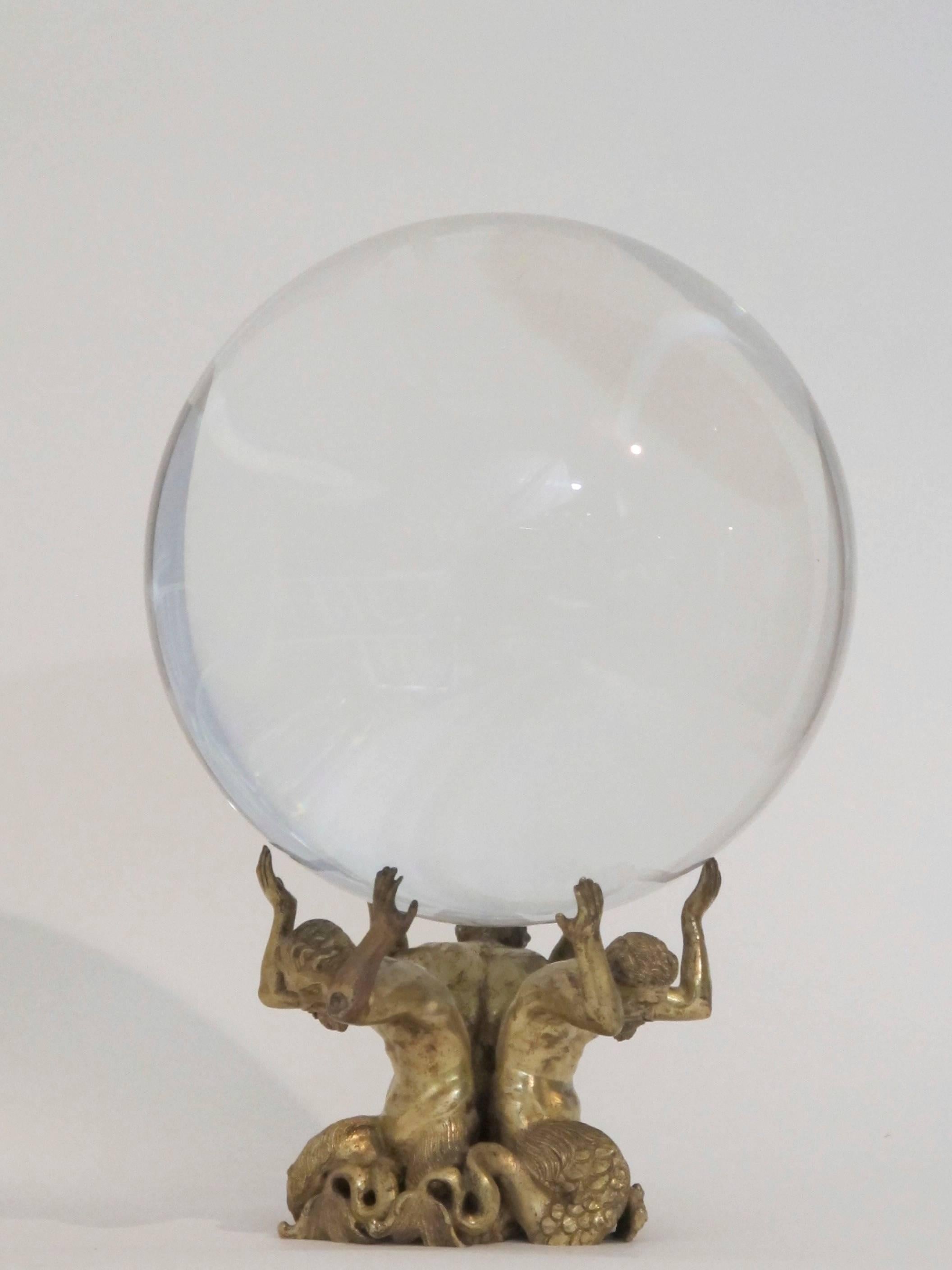 Large Glass Sphere on Bronze Greek God Stand In Excellent Condition In San Francisco, CA