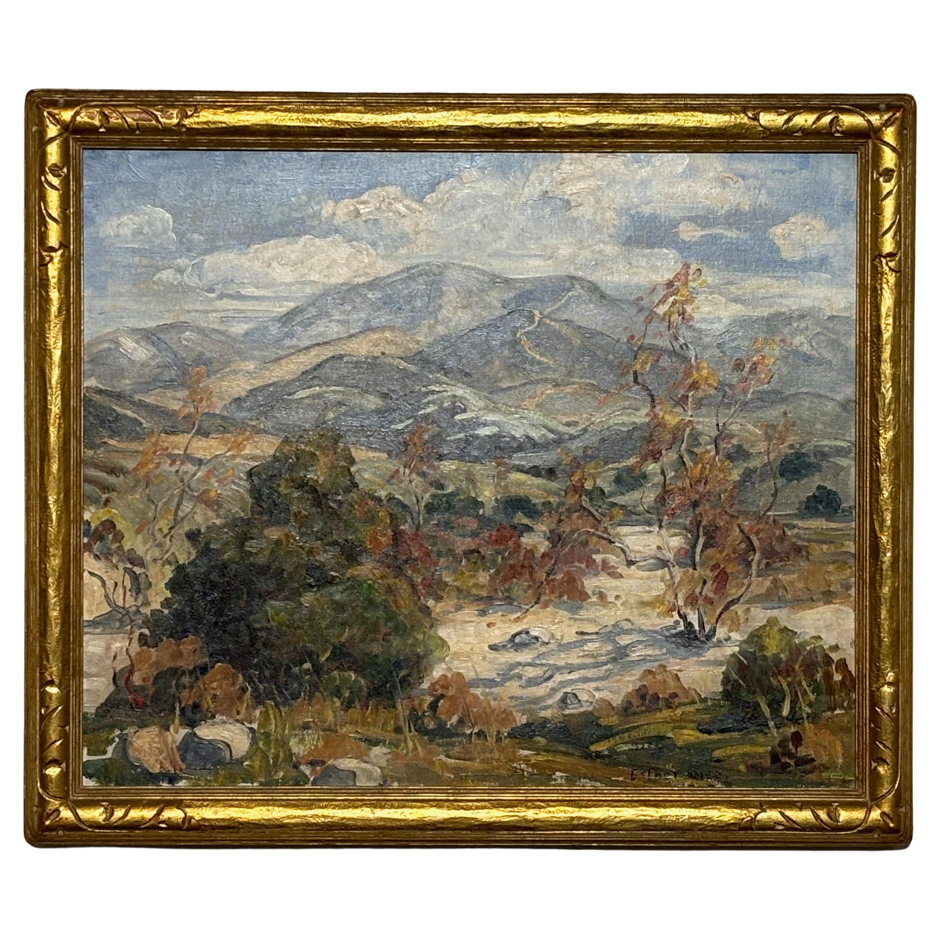 Paysage du sud de la Californie, peinture de style Plein Air dans un cadre d'origine en bois sculpté et doré. Signé, Esther Smee.
Nettoyage professionnel récent.
En parfait état.
Esther B. Smee est née en Pennsylvanie en 1917.  Smee résidait à
