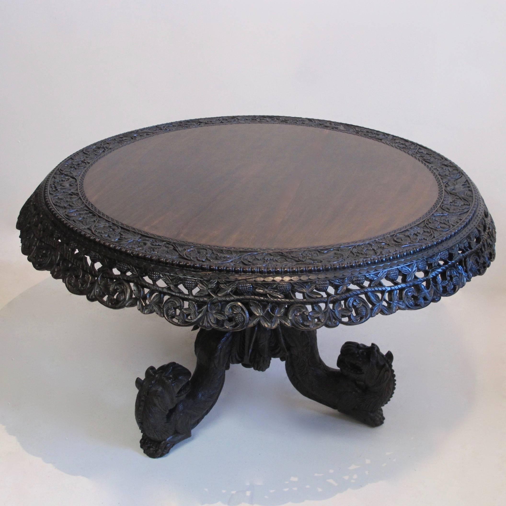 Rosewood Large Antique Anglo-Indian Carved Padouk Wood Center Table, Mid 19th Century For Sale