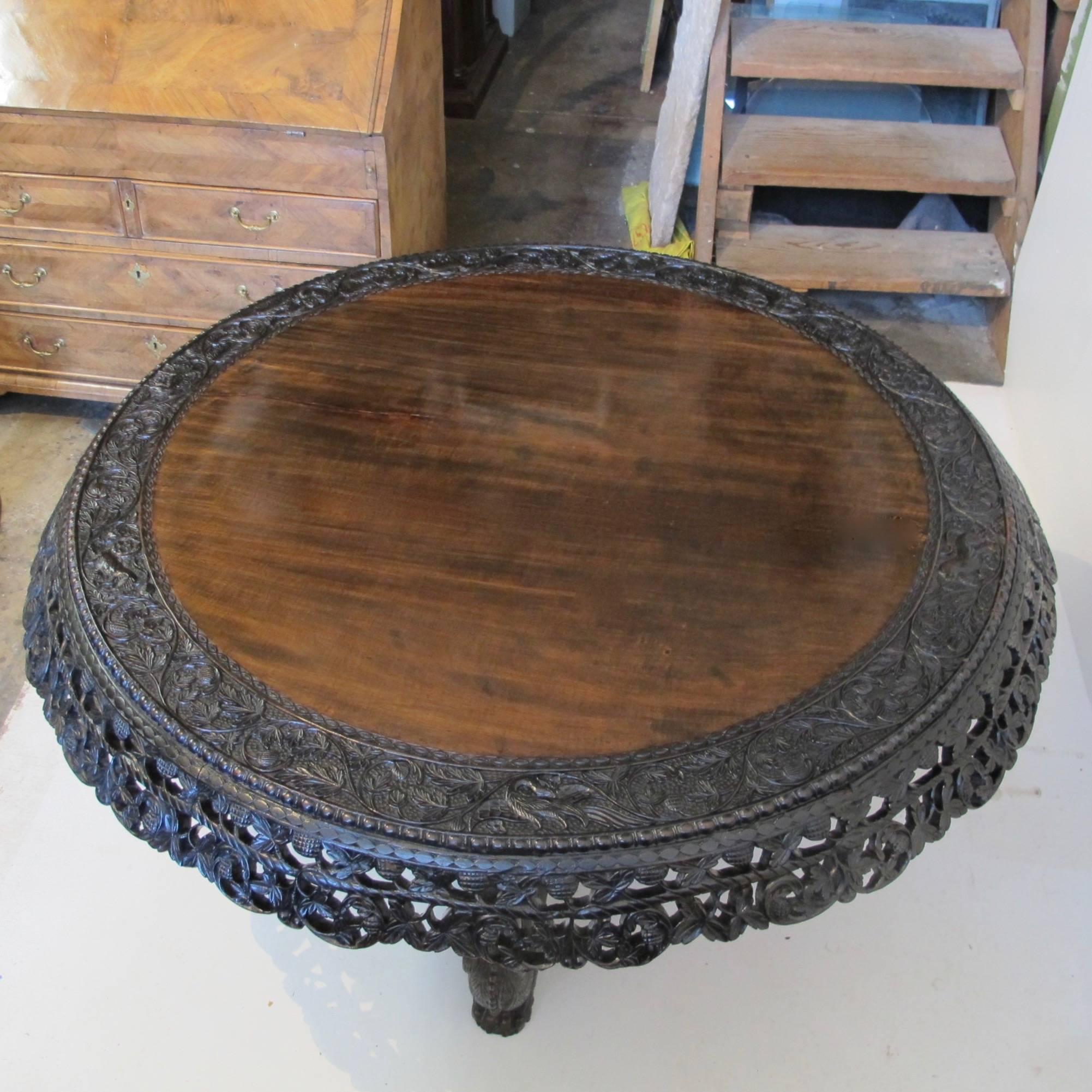 Large Antique Anglo-Indian Carved Padouk Wood Center Table, Mid 19th Century For Sale 4