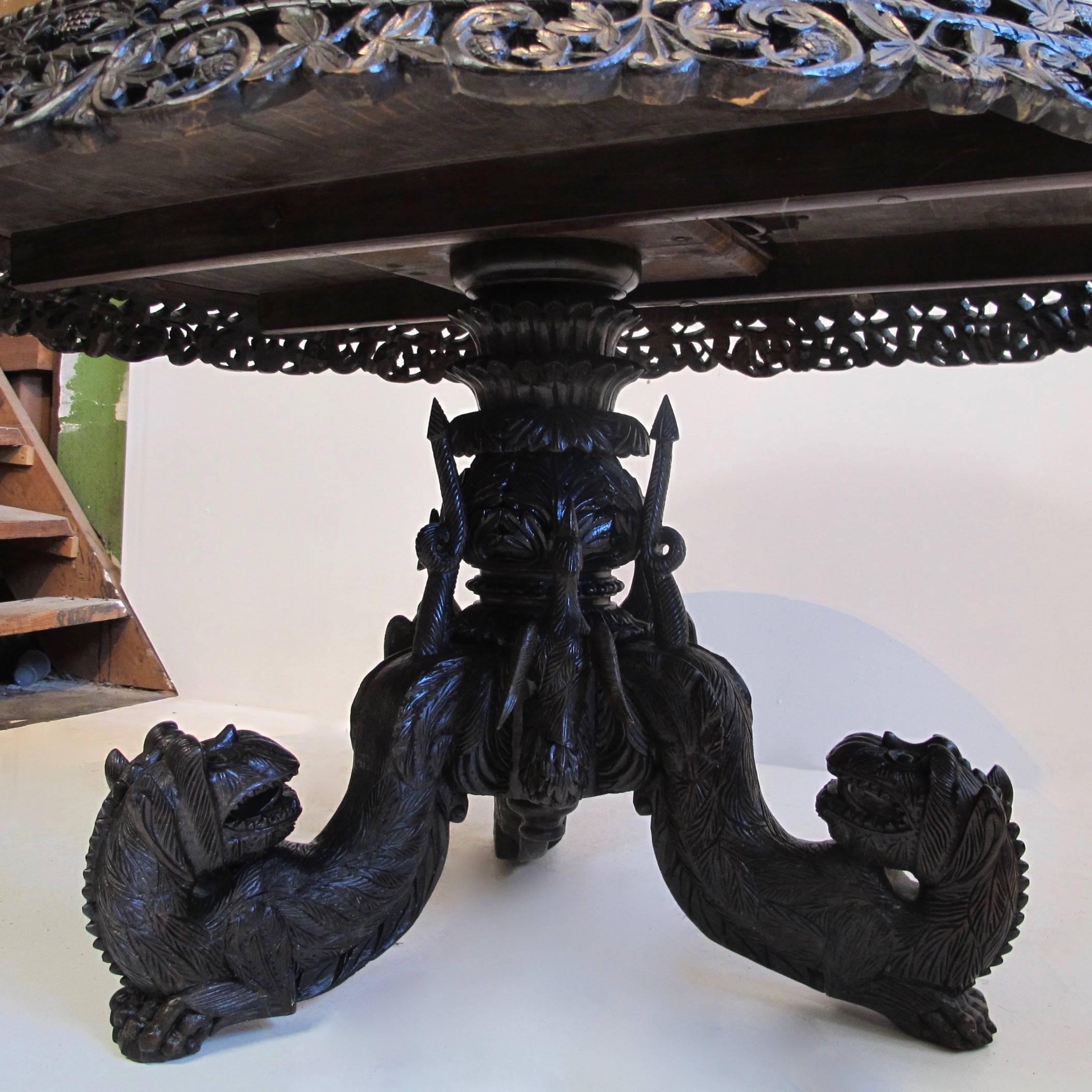 Large Antique Anglo-Indian Carved Padouk Wood Center Table, Mid 19th Century For Sale 2