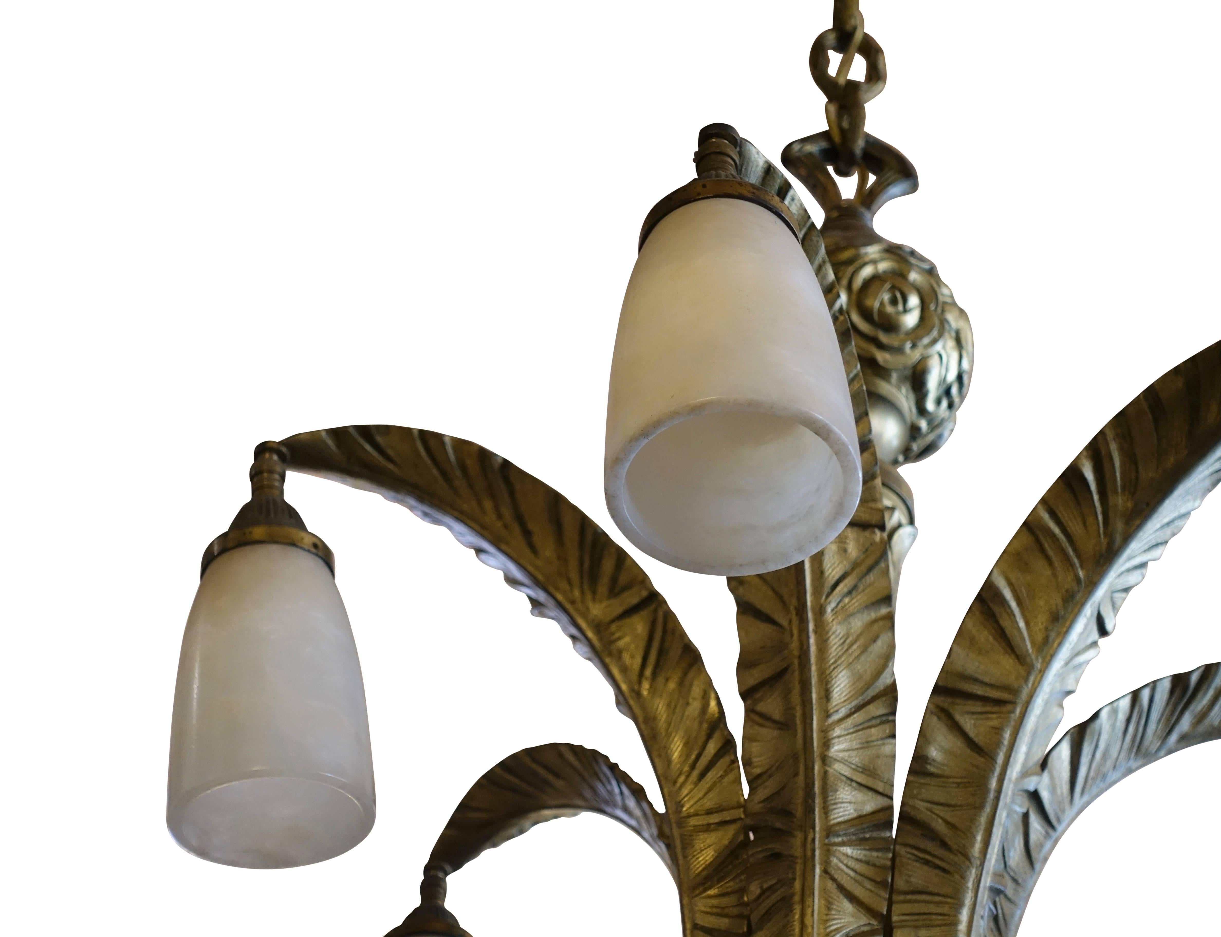 Art Deco Bronze and Alabaster Light Fixture, European Early 20th Century 3