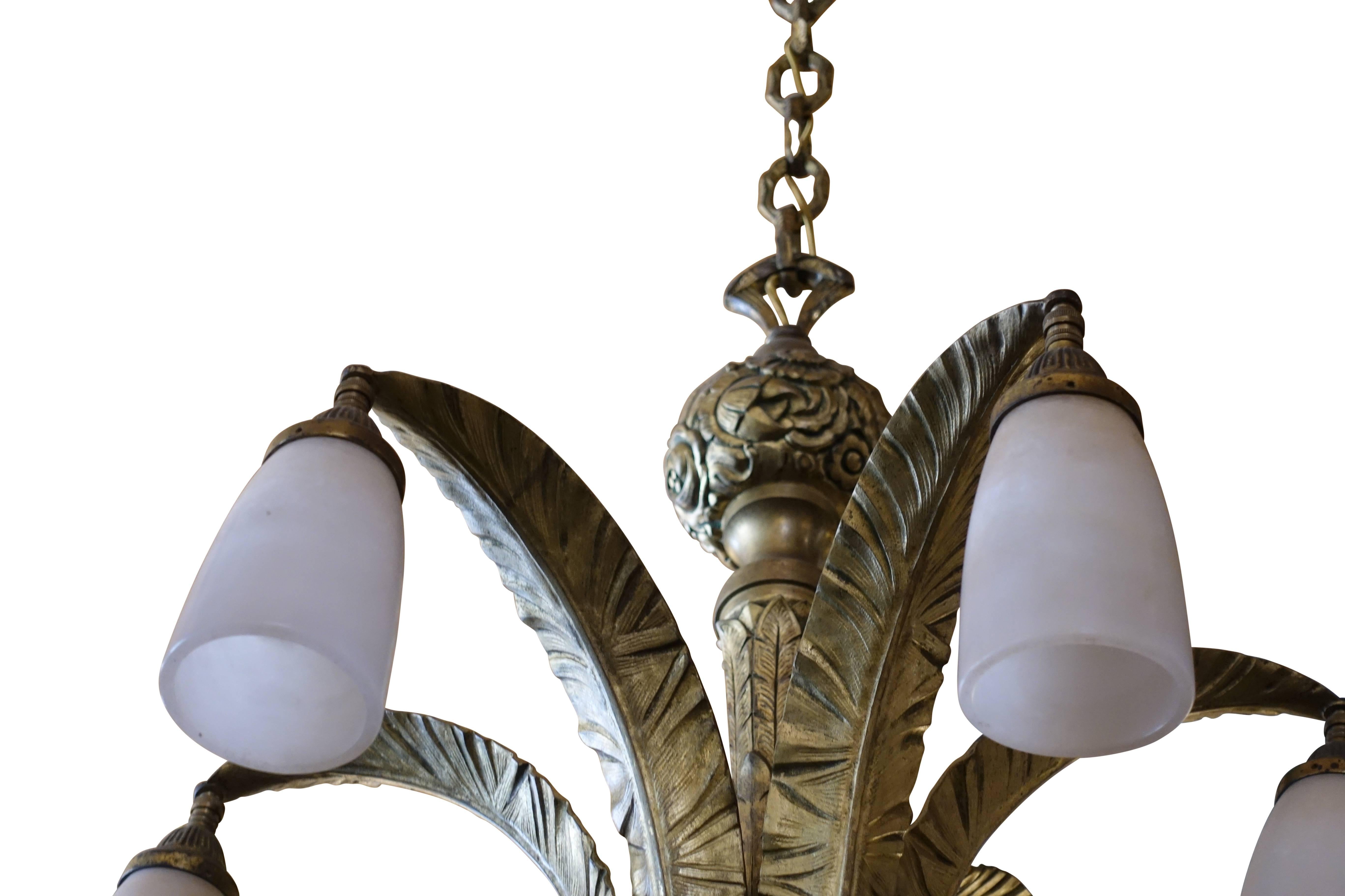 Art Deco Bronze and Alabaster Light Fixture, European Early 20th Century 2