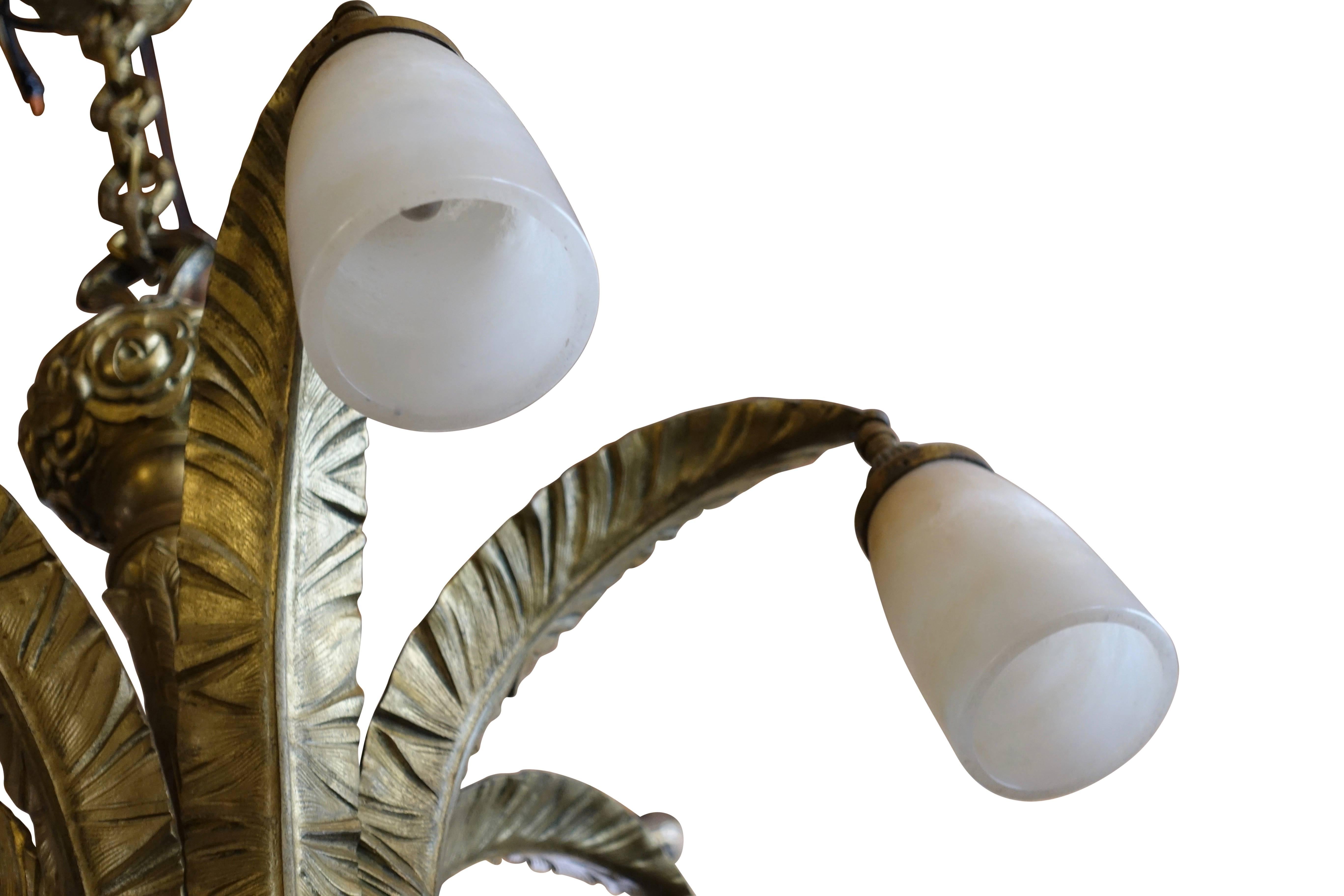 Art Deco Bronze and Alabaster Light Fixture, European Early 20th Century 4