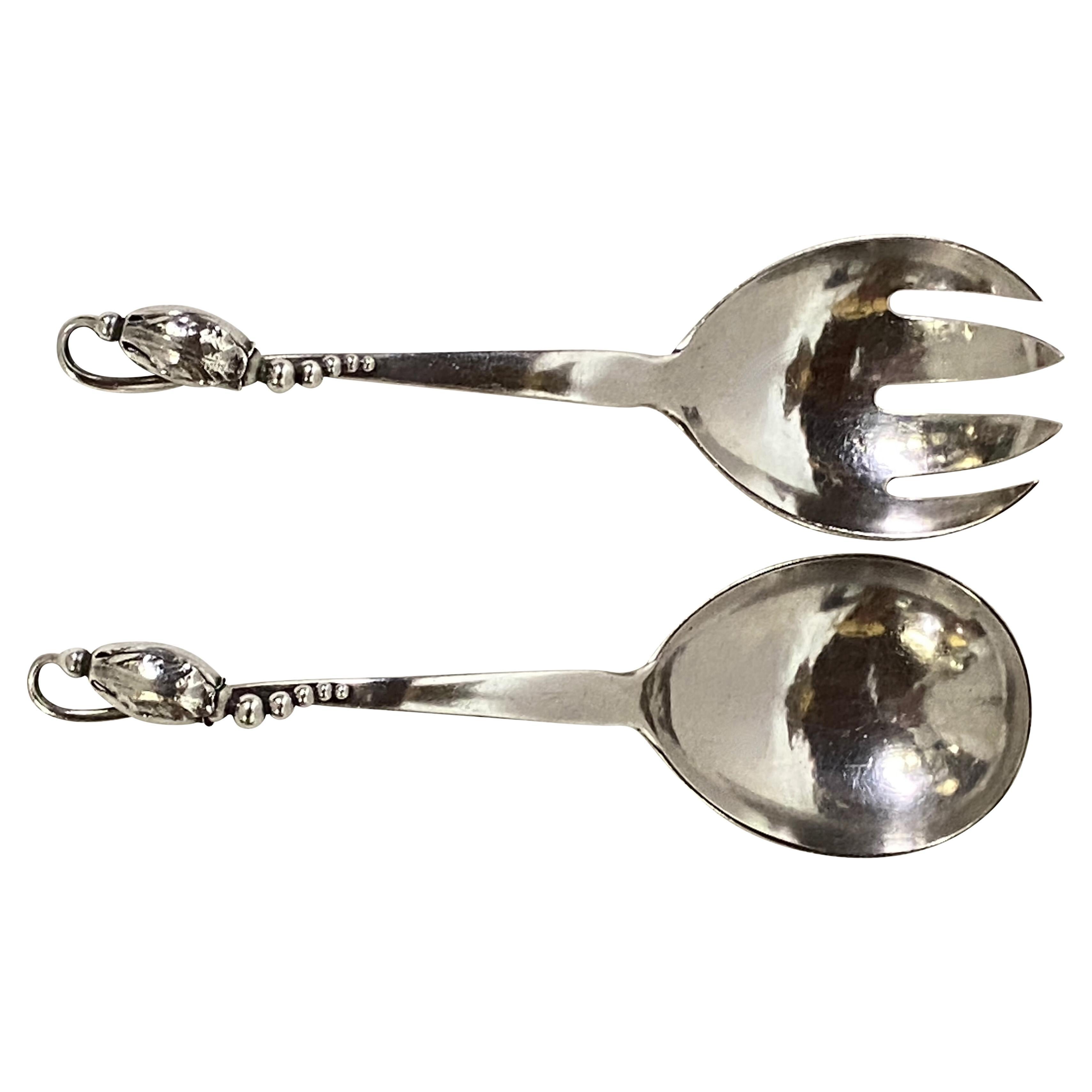 Vintage Georg Jensen Blossom Sterling Silver Serving Fork and Spoon Set, 1930
s