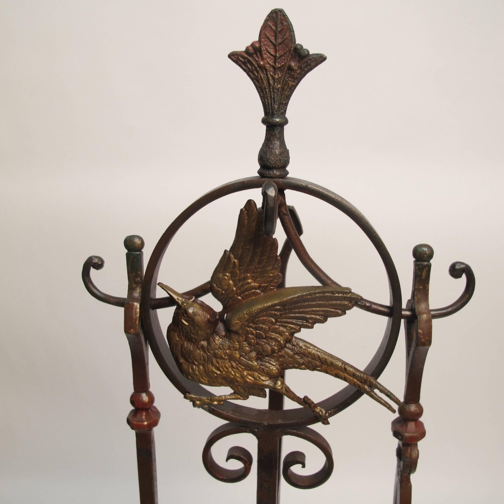 American Arts & Crafts Iron Fireplace Stand and Tools
