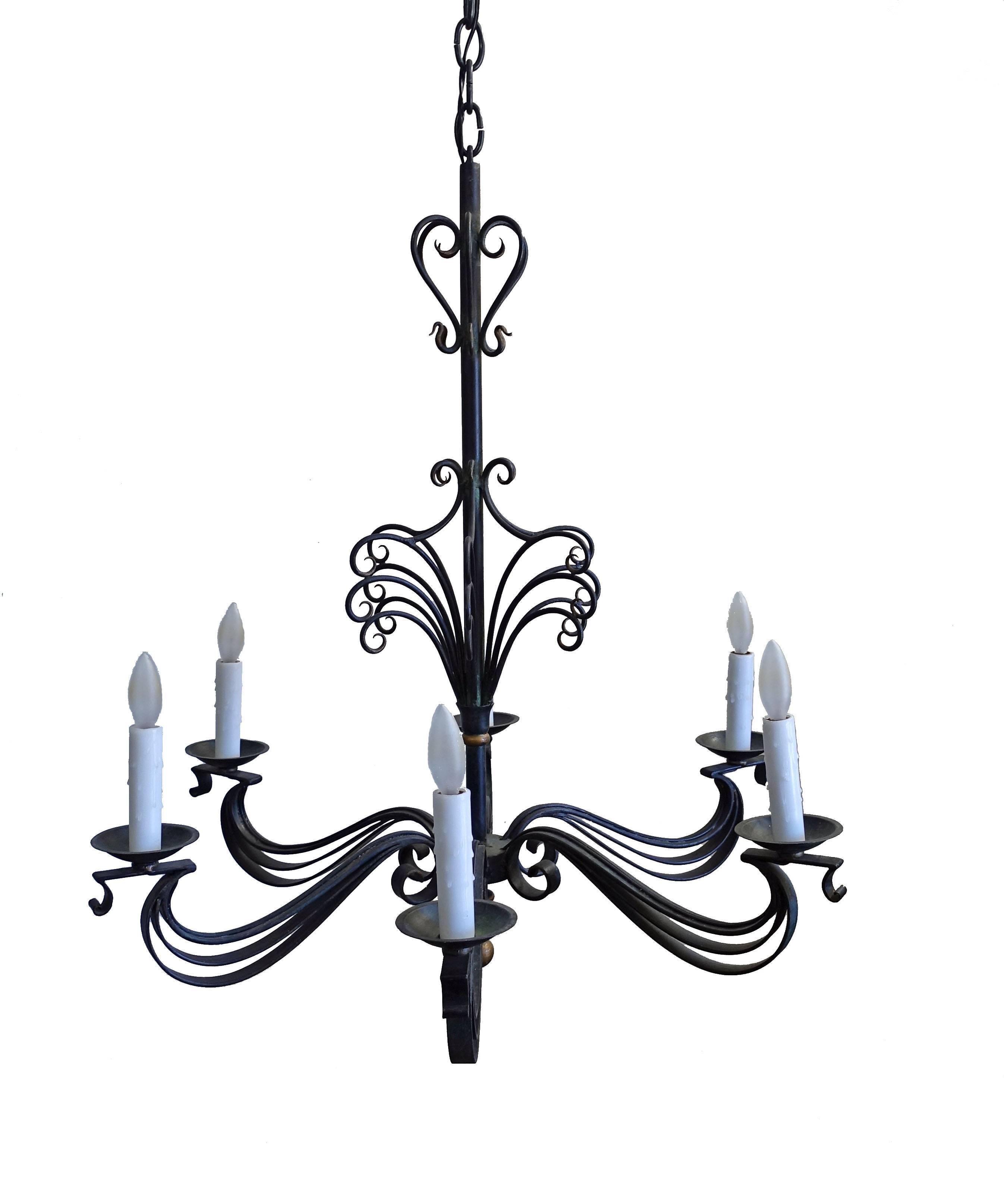 Hollywood Regency French Wrought Iron Chandelier Light Fixture For Sale