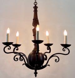 Early 20th Century Spanish Wrought Iron and Wood Light Fixture