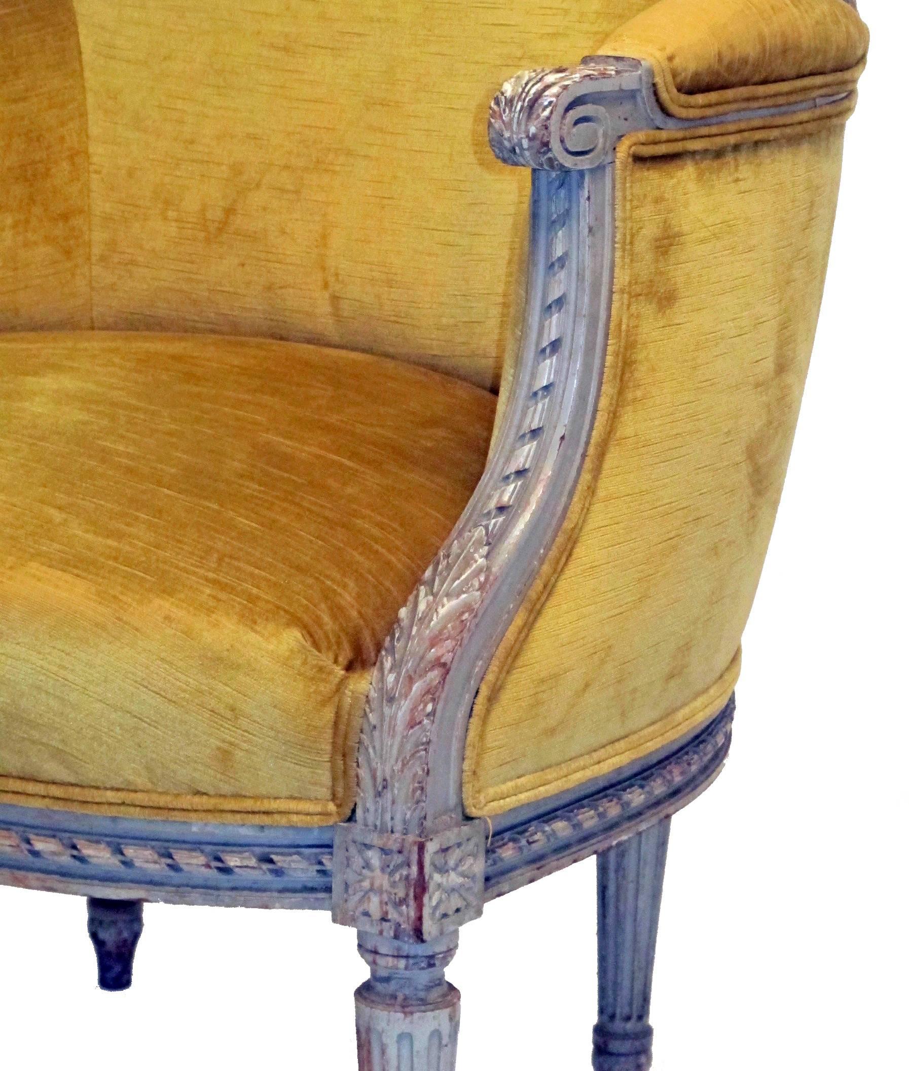 Hand-Carved French Louis XVI Style Bergere Chair with Ottoman, circa 1920s For Sale