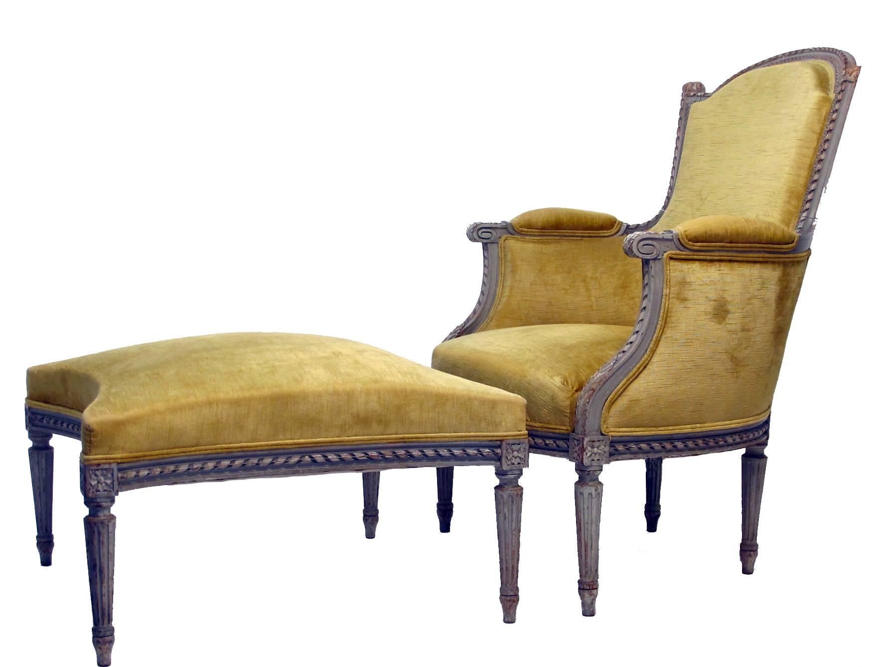 French Louis XVI Style Bergere Chair with Ottoman, circa 1920s 1