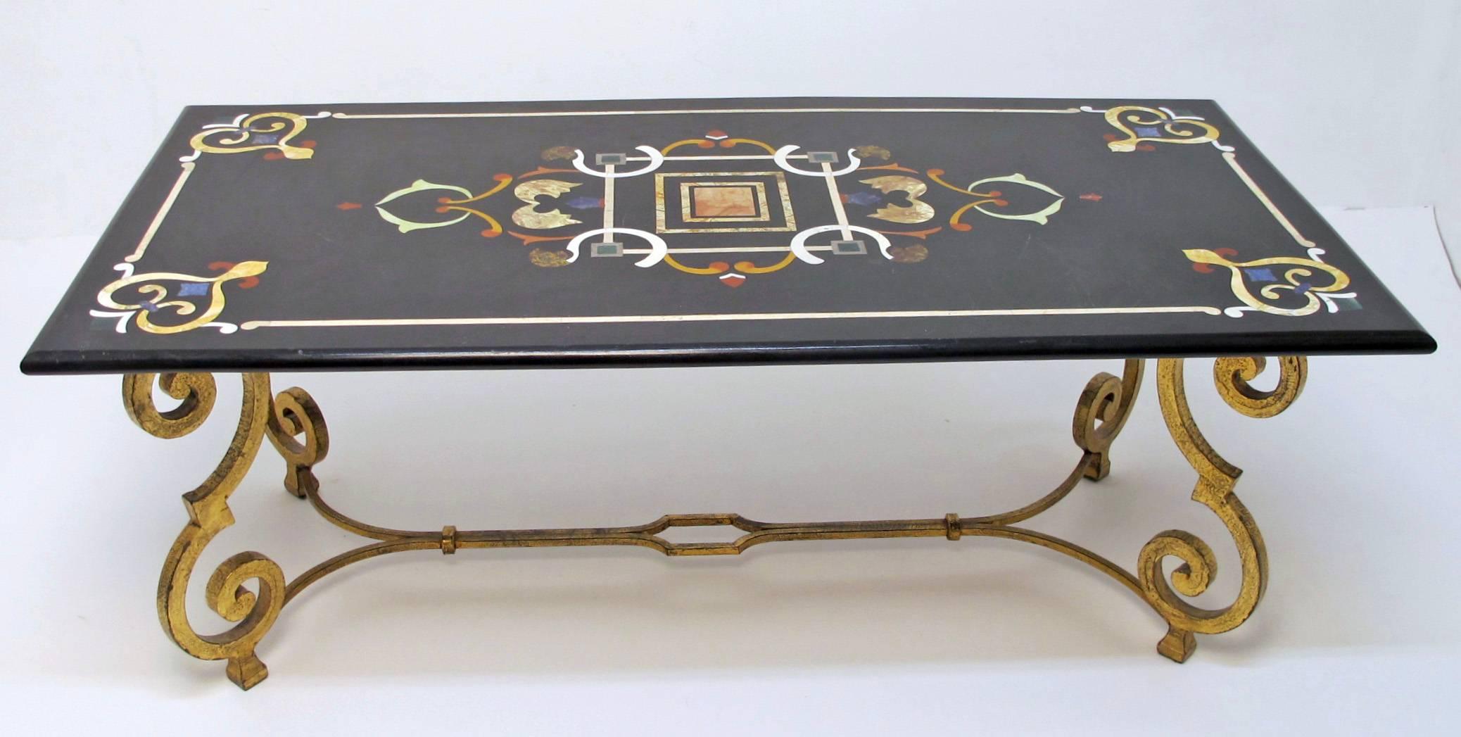 Pietra Dura Marble Top Coffee Table on Gilt Iron Base. For Sale 2