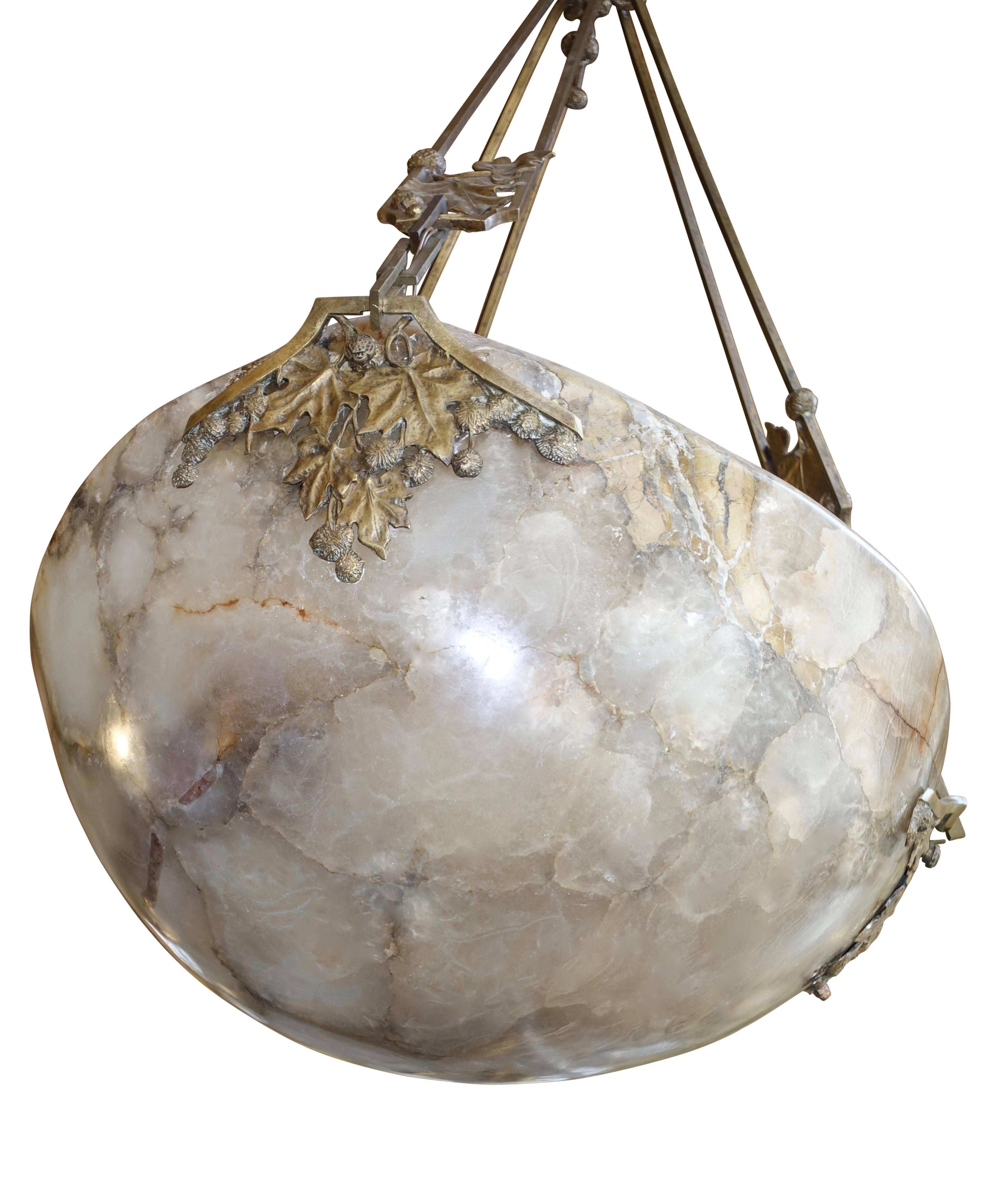 Monumental Alabaster and Bronze Pendant Light Fixture  In Good Condition In San Francisco, CA