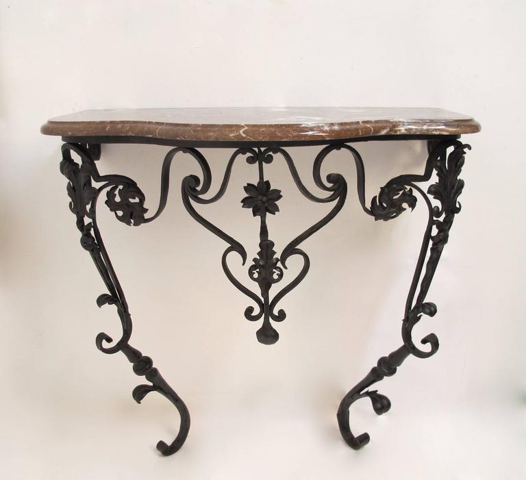 French Wrought Iron And Marble Console Table At 1stdibs A Wall Mounted Wrought Iron Base Console Table With Fl And Scrolled Designed Having