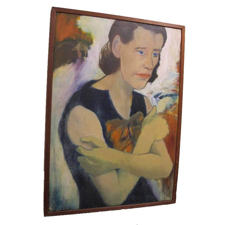 Large modernist style portrait painting of a woman. Oil on canvas, in original wood frame, unsigned, American, circa 1960.